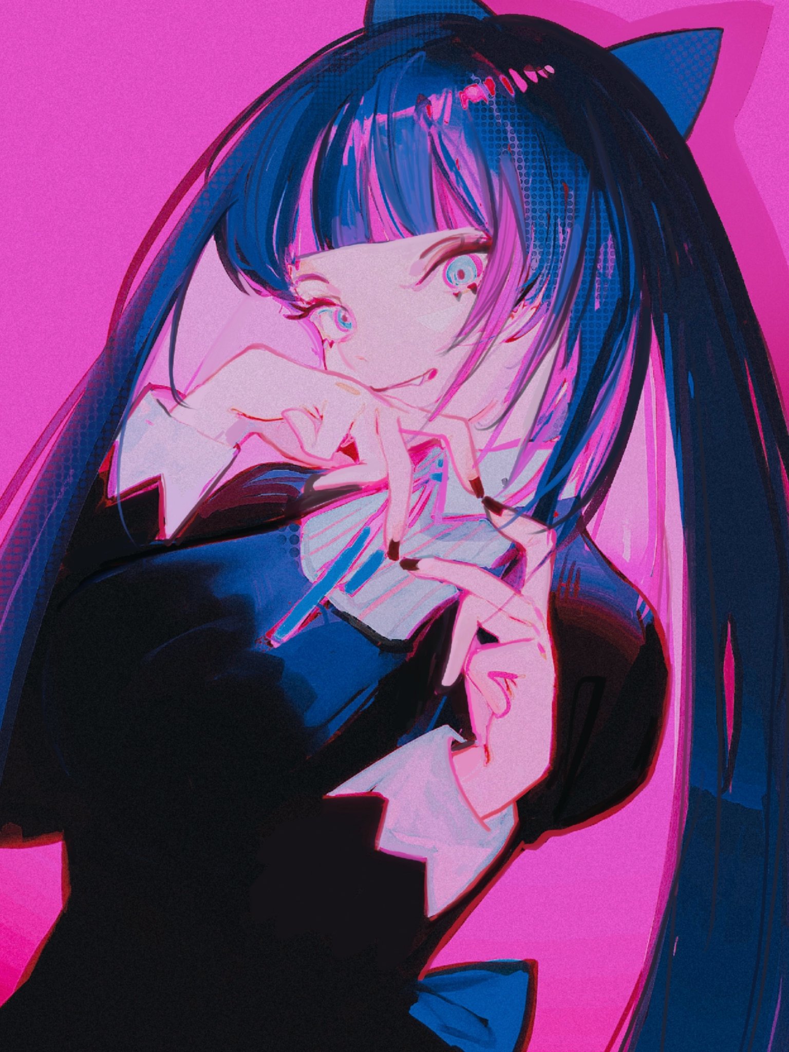 Anime 1536x2048 John Kafka anime anime girls long hair Panty and Stocking with Garterbelt Anarchy Stocking smiling long sleeves two tone hair pink background dress blue eyes looking at viewer portrait display black dress bangs simple background heart hands