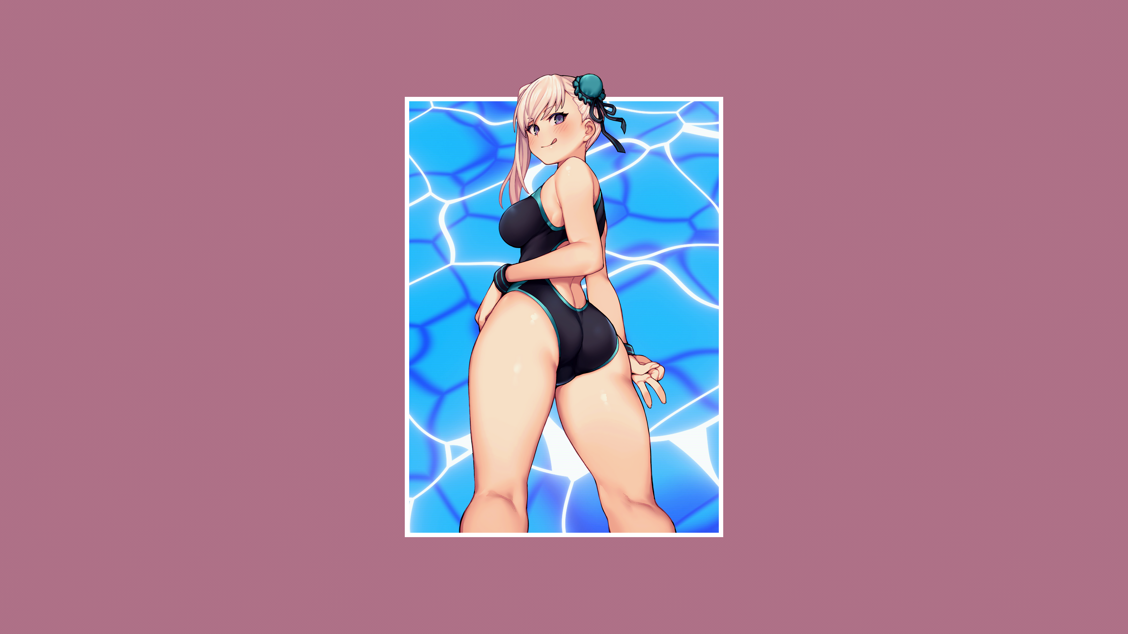 Anime 3840x2160 anime girls swimwear one-piece swimsuit water frame twin buns ass wide hips peace sign thighs hands on hips boobs big boobs bare shoulders pink hair long hair bangs looking back embarrassed blushing ribbon pink background simple background butt crack thick ass purple eyes tongue out ponytail side ponytail looking at viewer back Fate/Grand Order anime Miyamoto Musashi tongues jp06 Fate series gluteal fold