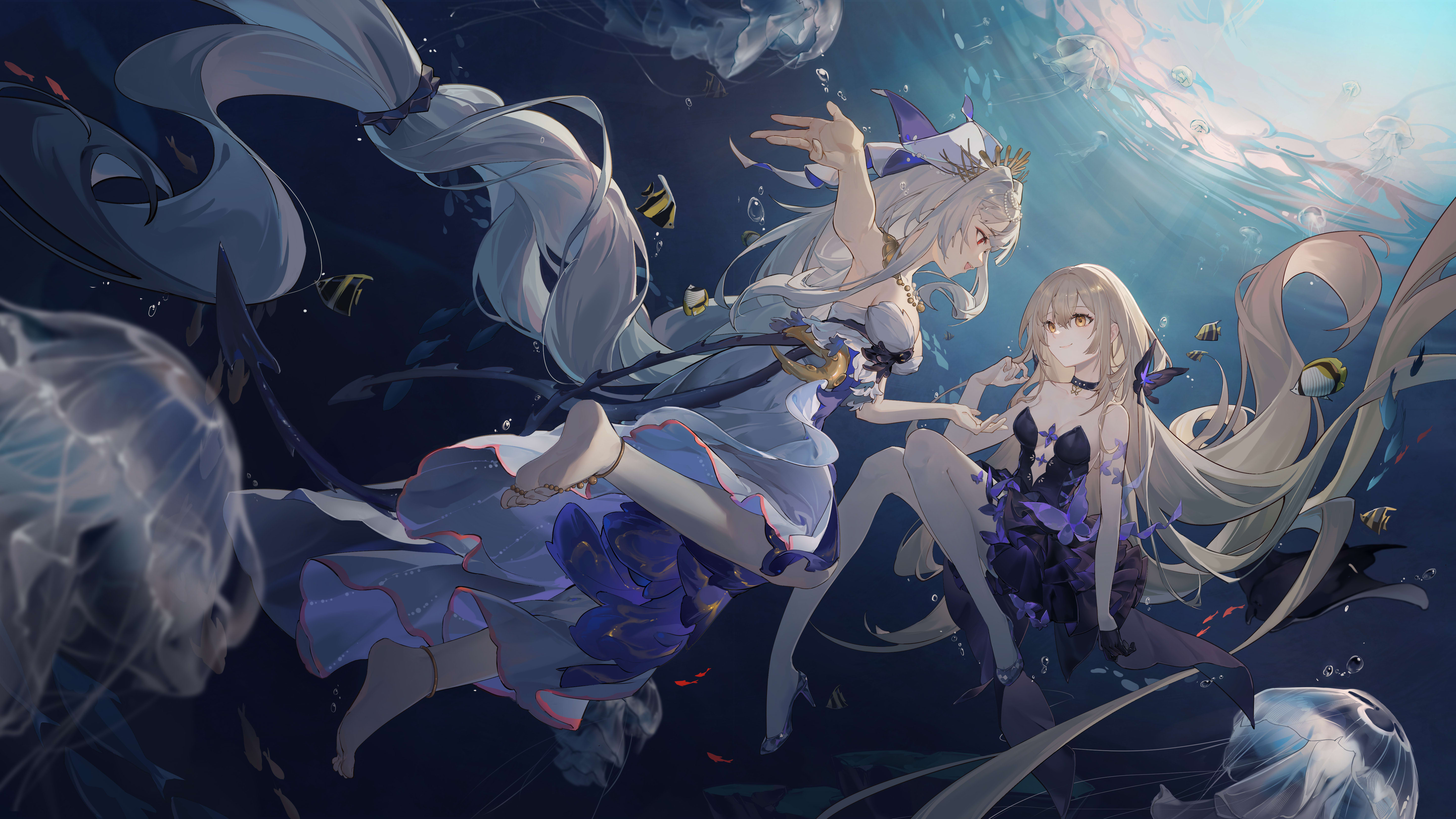Anime 5760x3240 anime anime girls Pixiv underwater jellyfish fish water Alchemy Stars sunlight Areia (Alchemy Stars) Connolly (Alchemy Stars) open mouth closed mouth long hair in water foot sole hair between eyes pearls animals toes anklet bent legs dress frills gloves black gloves choker