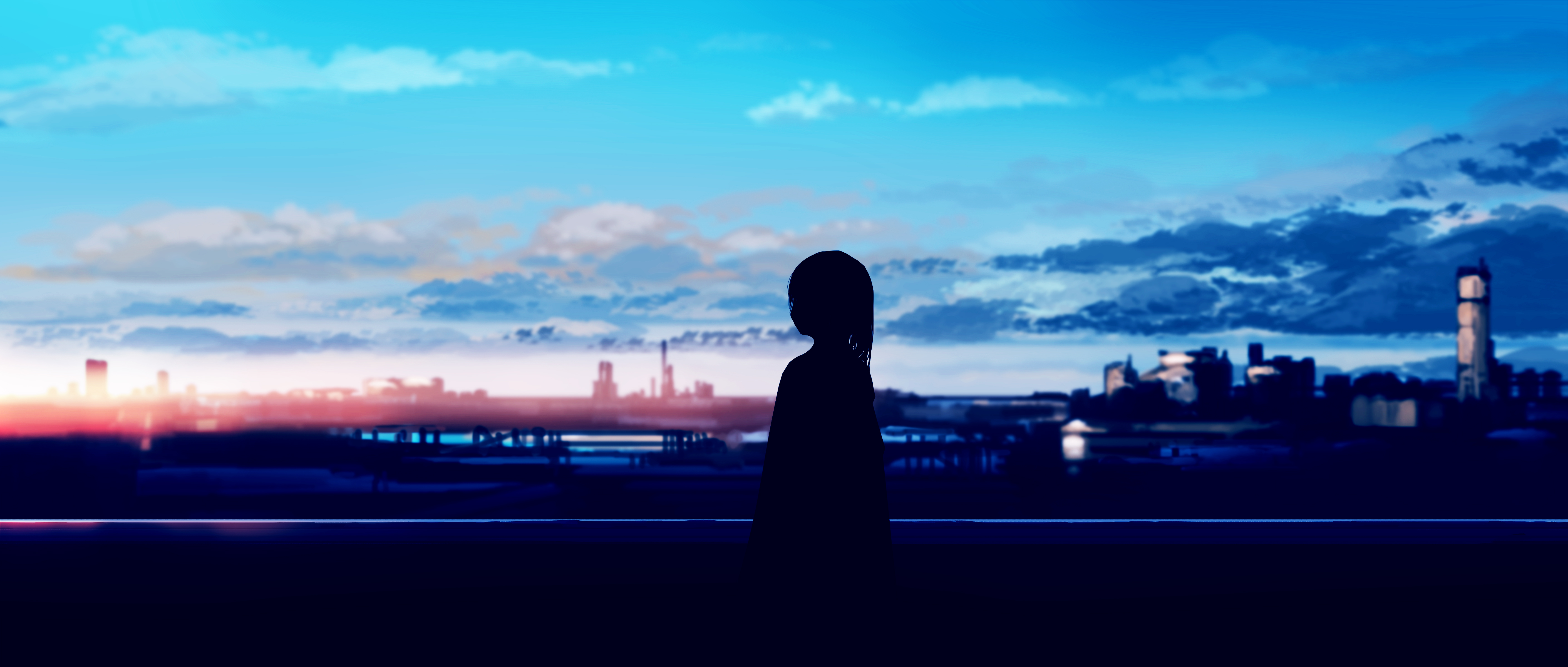 Anime 5640x2400 Gracile Pixiv digital art artwork silhouette anime girls sunrise sunlight blurred blurry background long hair standing sky clouds anime looking into the distance wide screen
