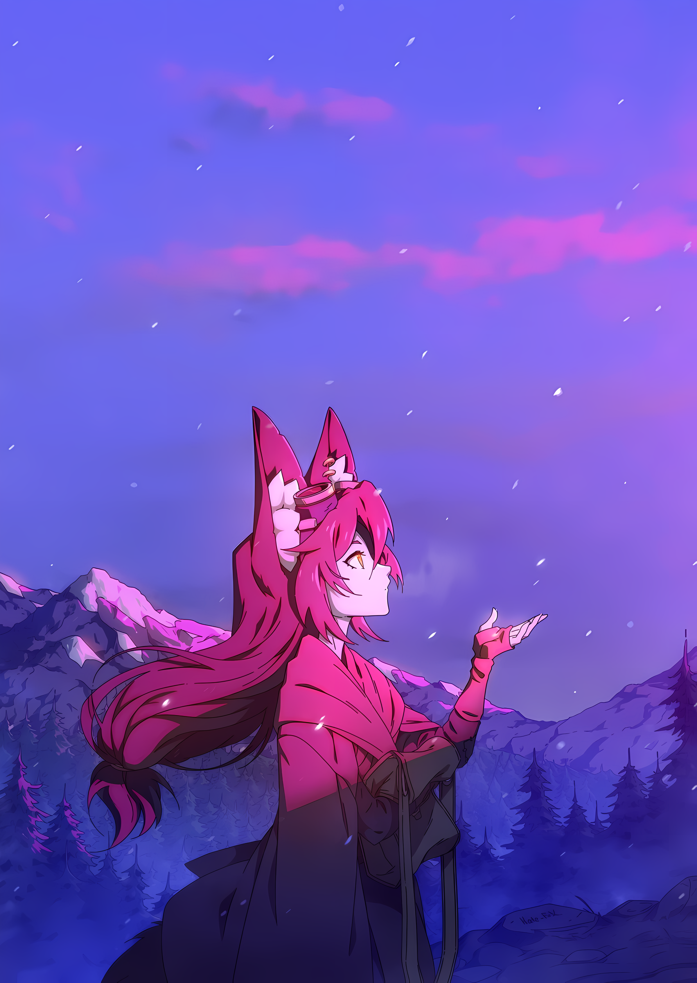 Anime 2400x3384 Kate-FoX fox girl fox ears portrait display looking away long hair hair between eyes clouds anime girls closed mouth mountains trees sky natural light standing side view brown eyes women outdoors outdoors goggles