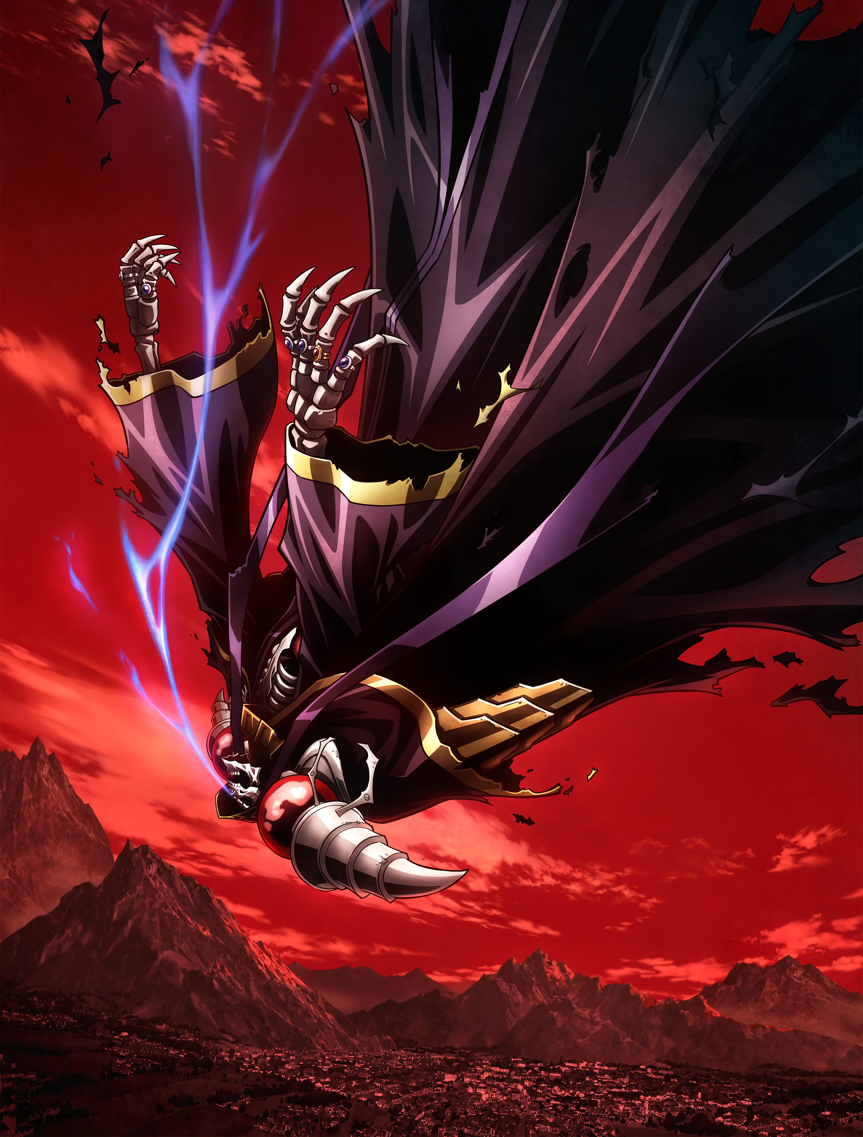 Anime 3000x3950 anime Overlord (anime) Ainz Ooal Gown red sky bones black clothing falling red light sky clouds mountains wide sleeves horns skeleton