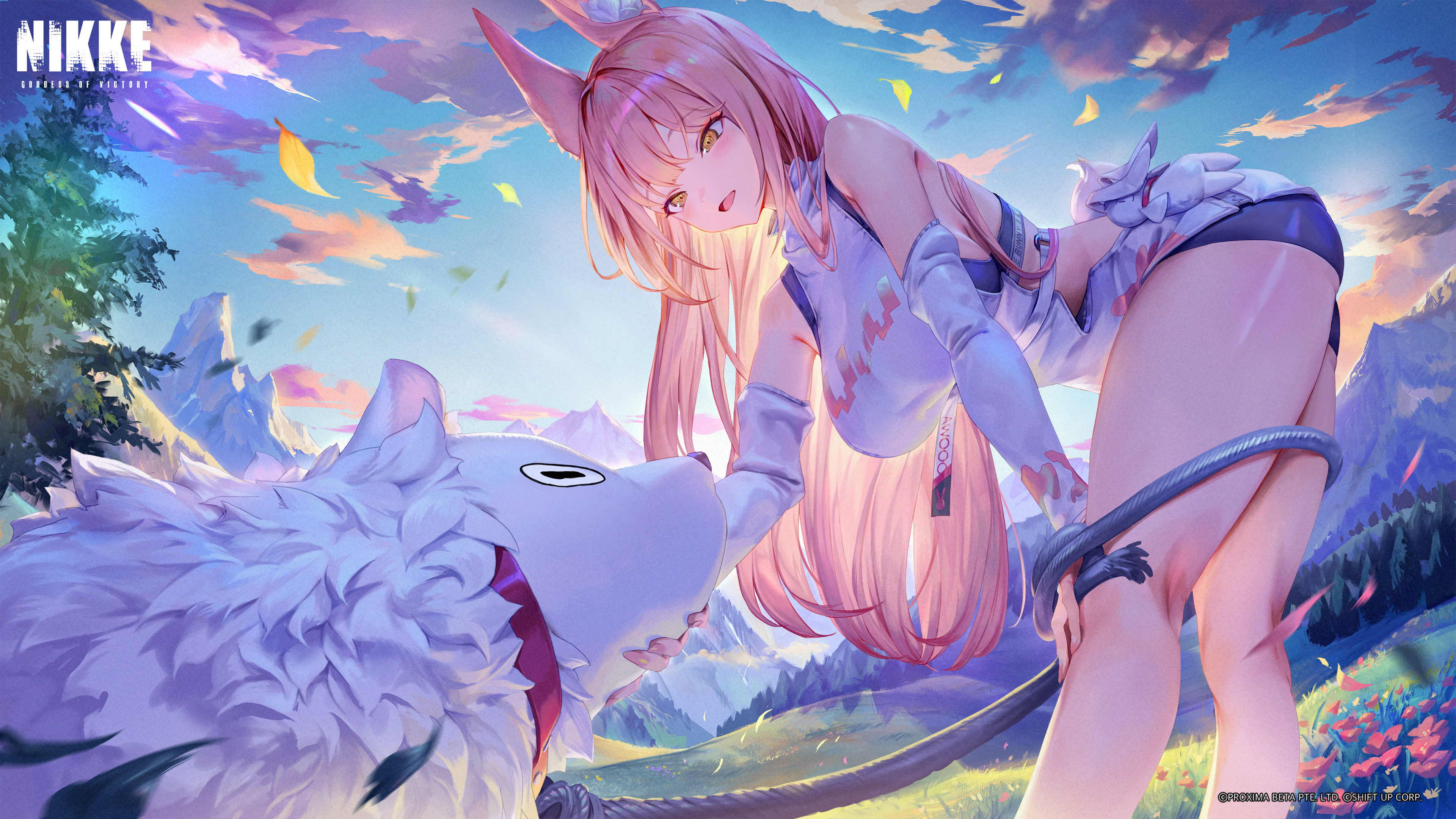 Anime 3840x2160 Nikke: The Goddess of Victory Leona (Nikke) Timi (Nikke) open mouth bent over hands on knees long hair women outdoors smiling backless black shorts detached sleeves thighs looking below pink hair watermarked blushing Gesoking animal ears turtlenecks sports bra boobs yellow eyes lion ears anime girls standing mountains flowers sky leash clouds leaves grass bright