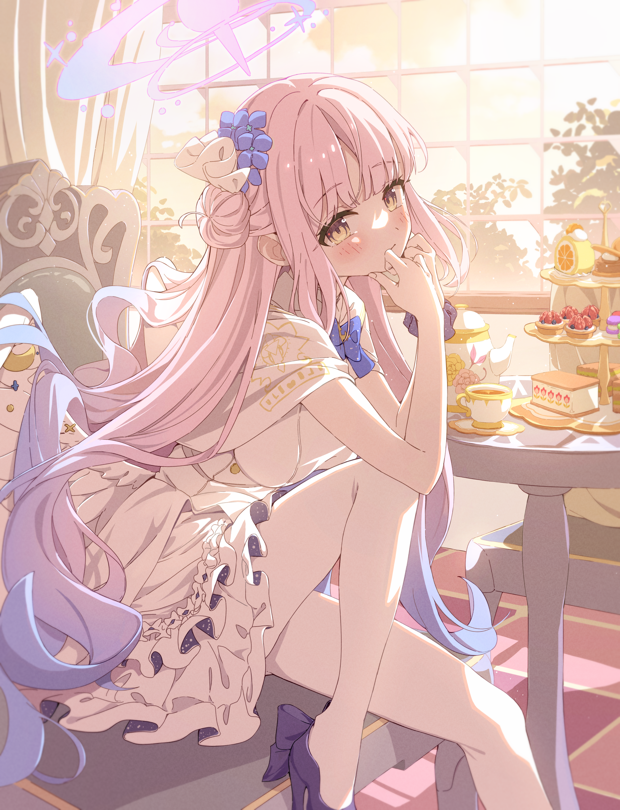 Anime 2000x2614 Blue Archive Misono Mika anime anime girls pink hair long hair Seero looking at viewer portrait display sitting gradient hair two tone hair closed mouth blushing high heels bent legs women indoors hairbun flower in hair wings ornamented table sweets cup tea frill dress dress frills natural light sunlight bow tie capelet chair