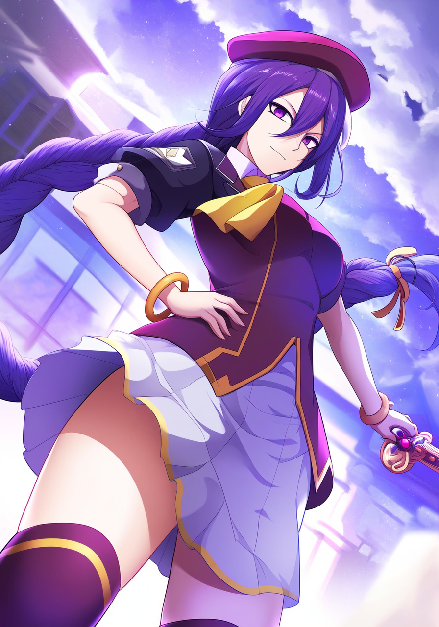 Anime 896x1280 AI art anime anime girls Melty Blood Sion Eltnam Atlasia long hair braids purple hair solo artwork digital art fan art portrait display hands on hips standing looking at viewer smiling hair between eyes clouds hat women with hats short sleeves thighs thigh-highs ponytail purple eyes closed mouth sky skirt skinny schoolgirl school uniform