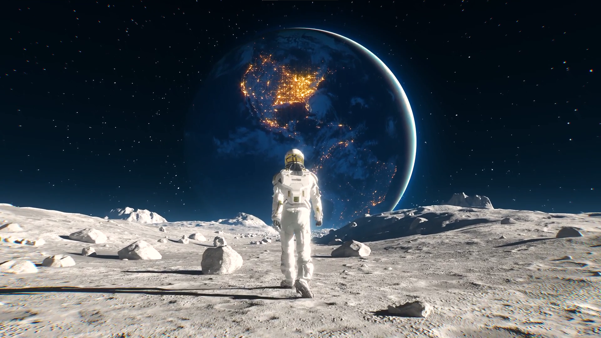 General 1920x1080 Moon space Earth astronaut stars visualdon walking spacesuit Lunar surface rocks