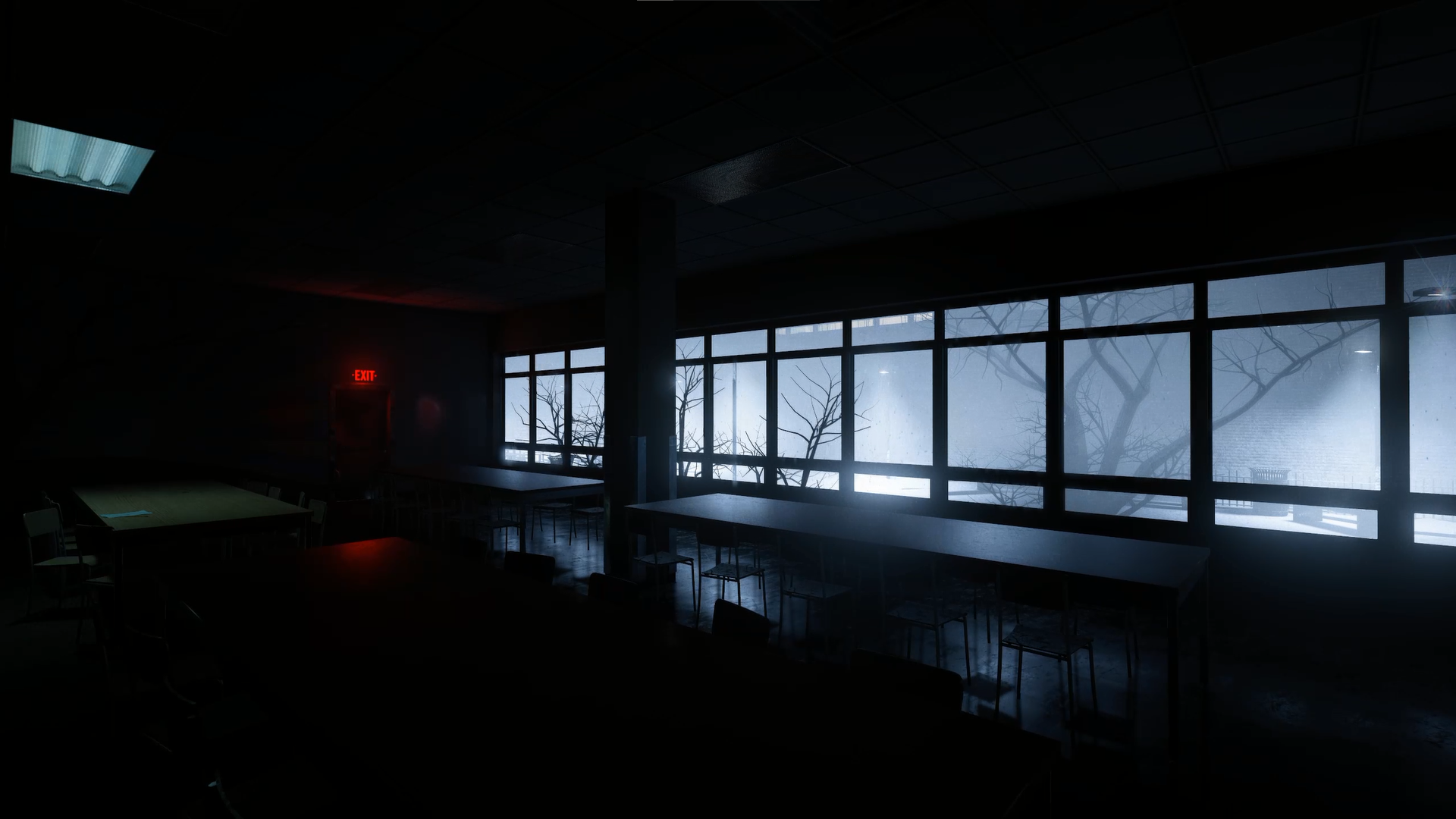 General 1920x1080 Outlast 2 cafeteria  eerie digital art low light video games video game art window interior ceiling lights chair branch trees