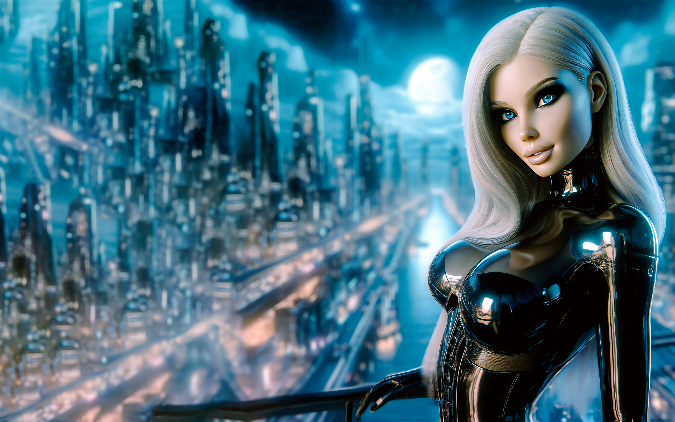 General 2560x1600 AI art futuristic city futuristic clothing latex cyberpunk Futurism parted lips juicy lips long hair looking at viewer blurred blurry background city water Moon moonlight