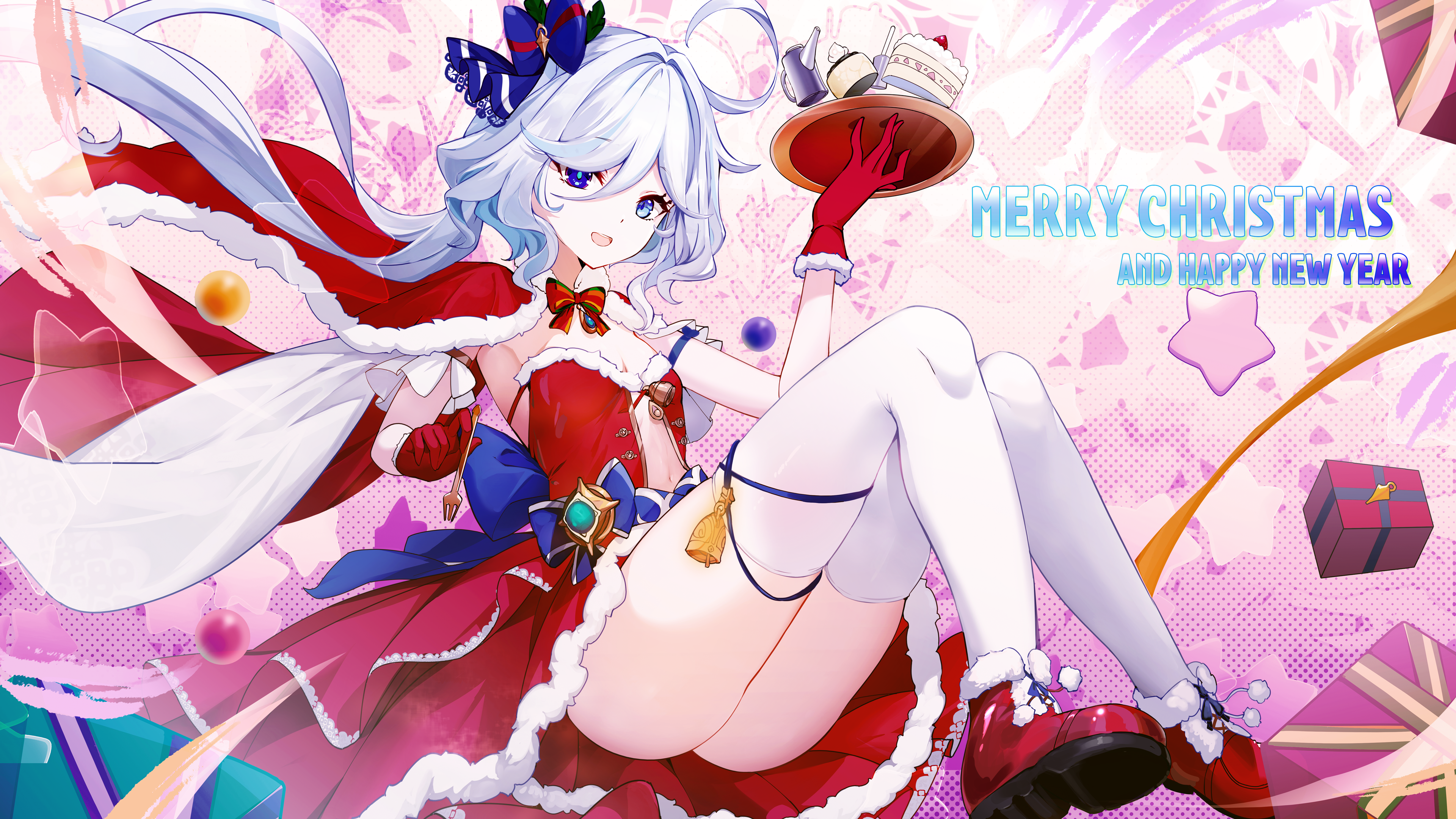 Anime 3840x2160 Genshin Impact Furina (Genshin Impact) anime anime girls anime games smiling hair between eyes bent legs white thigh highs ass thigh-highs long hair heterochromia blue eyes blue hair gloves fur fur trim shoe sole Christmas presents fork sweets cake cape New Year open mouth red gloves bow tie Christmas clothes tray red clothing