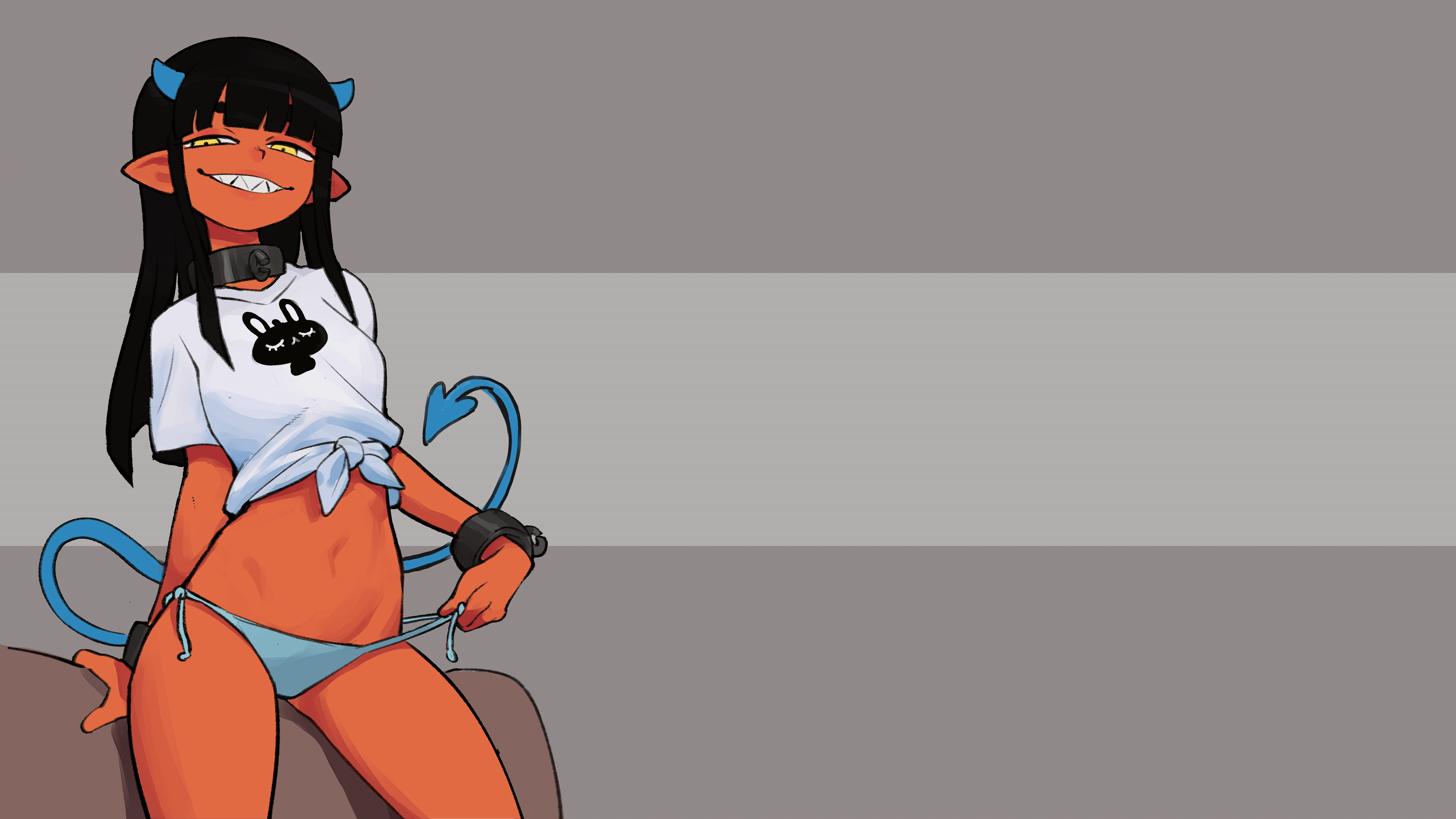 Anime 6400x3600 Mephia (Colodraws) animal print arm support black hair dark hair horns devil horns demon horns blue panties blue lingerie tail demon tail devil girl pointy pointy ears pointy teeth blunt bangs long hair bangs boobs small boobs shirt collar choker shackles Shackled crop top white tops white shirt yellow eyes looking back looking below bedroom eyes undressing removing panties removing bikini panties bikini bikini bottoms wide hips blue bikini straps wrist cuffs handcuffs dark skin tanned tan belly bare midriff open mouth panties pulling panties removing lingerie rabbits short sleeves side tie thong sidelocks gray background smiling brown sofa straight hair underwear simple background cuffs teeth side tie bikini bottom couch looking at viewer belly button Colodraws