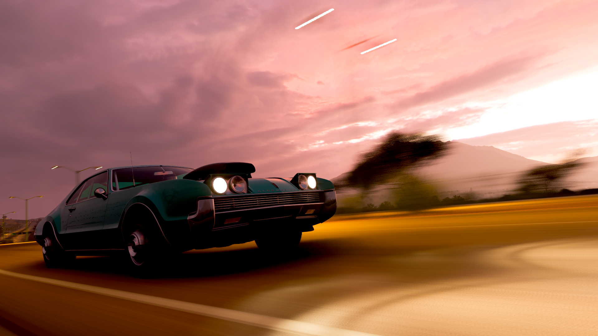 General 1920x1080 Forza Horizon 5 PC gaming muscle cars American cars PlaygroundGames vehicle video game art screen shot headlights Oldsmobile car pop-up headlights video games frontal view motion blur clouds blurred driving sky