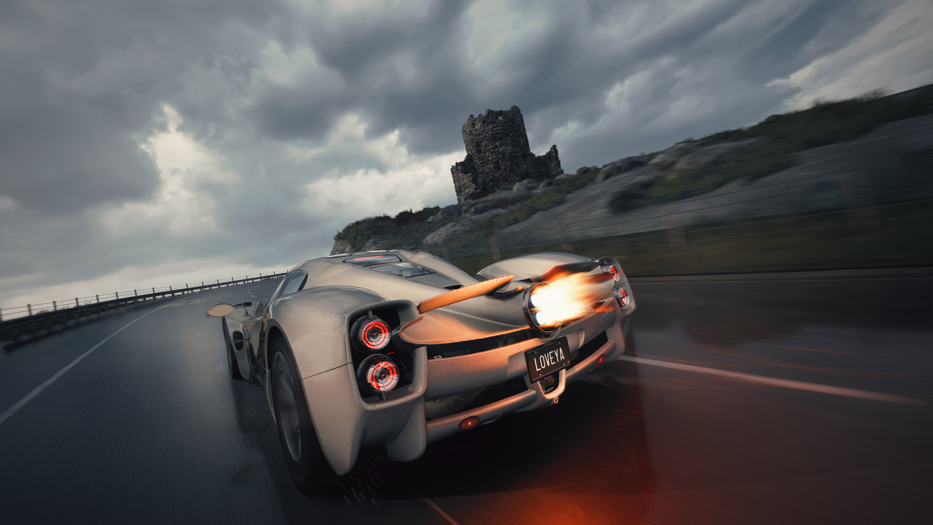 General 3200x1800 Pagani Pagani utopia Assetto Corsa 4K gaming Scottish Highlands white car rear view video game art driving exaust flare