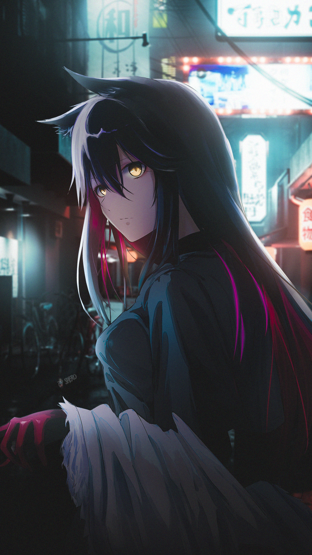 Anime 1080x1920 Texas (Arknights) Arknights anime anime girls furry girls street Japan hair between eyes portrait display long hair looking at viewer standing closed mouth yellow eyes city lights