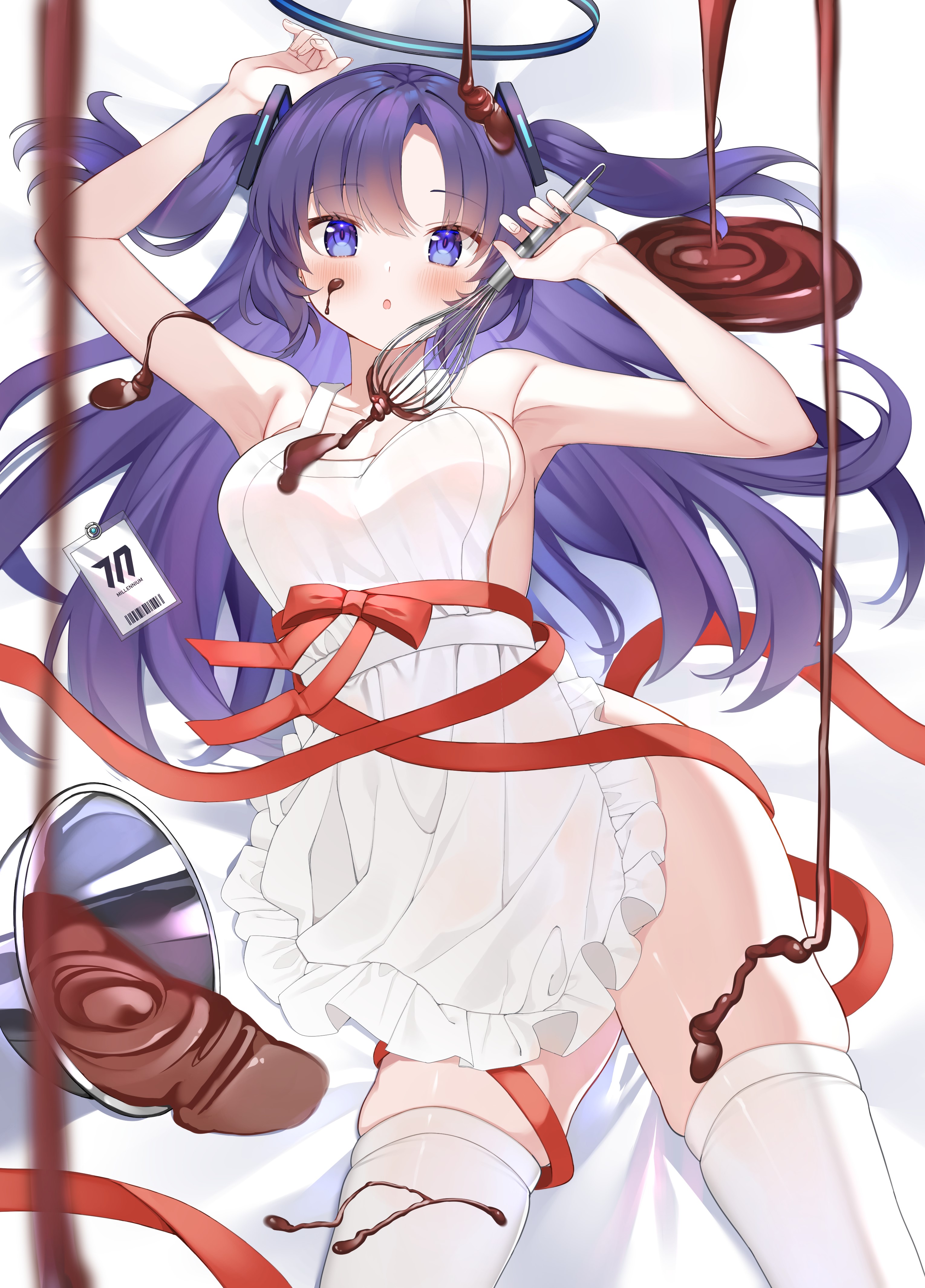 Anime 3059x4258 Blue Archive Hayase Yuuka anime Pixiv halo Mymerody4649 thigh-highs white thigh highs long hair looking at viewer blushing anime girls white apron whisk thighs ribbon skindentation chocolate collarbone open mouth arms up armpits purple hair blue eyes twintails barcode ID card portrait display frills apron bow tie