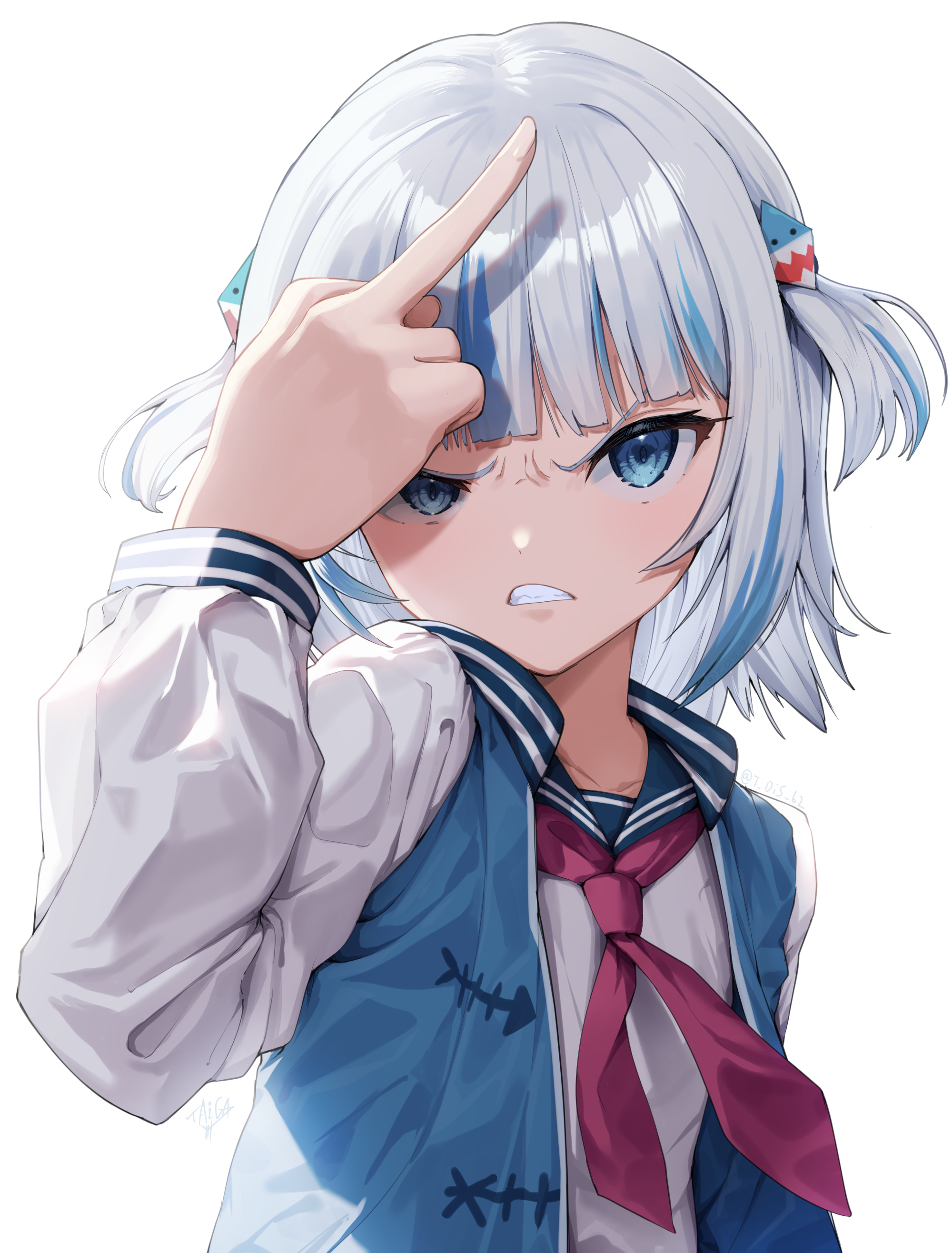 Anime 2000x2632 anime anime girls Taiga Hololive Gawr Gura Hololive English Virtual Youtuber jacket open jacket middle finger short hair two tone hair white background bright blue eyes looking at viewer portrait display collarbone sailor uniform blunt bangs schoolgirl school uniform parted lips hair ornament signature