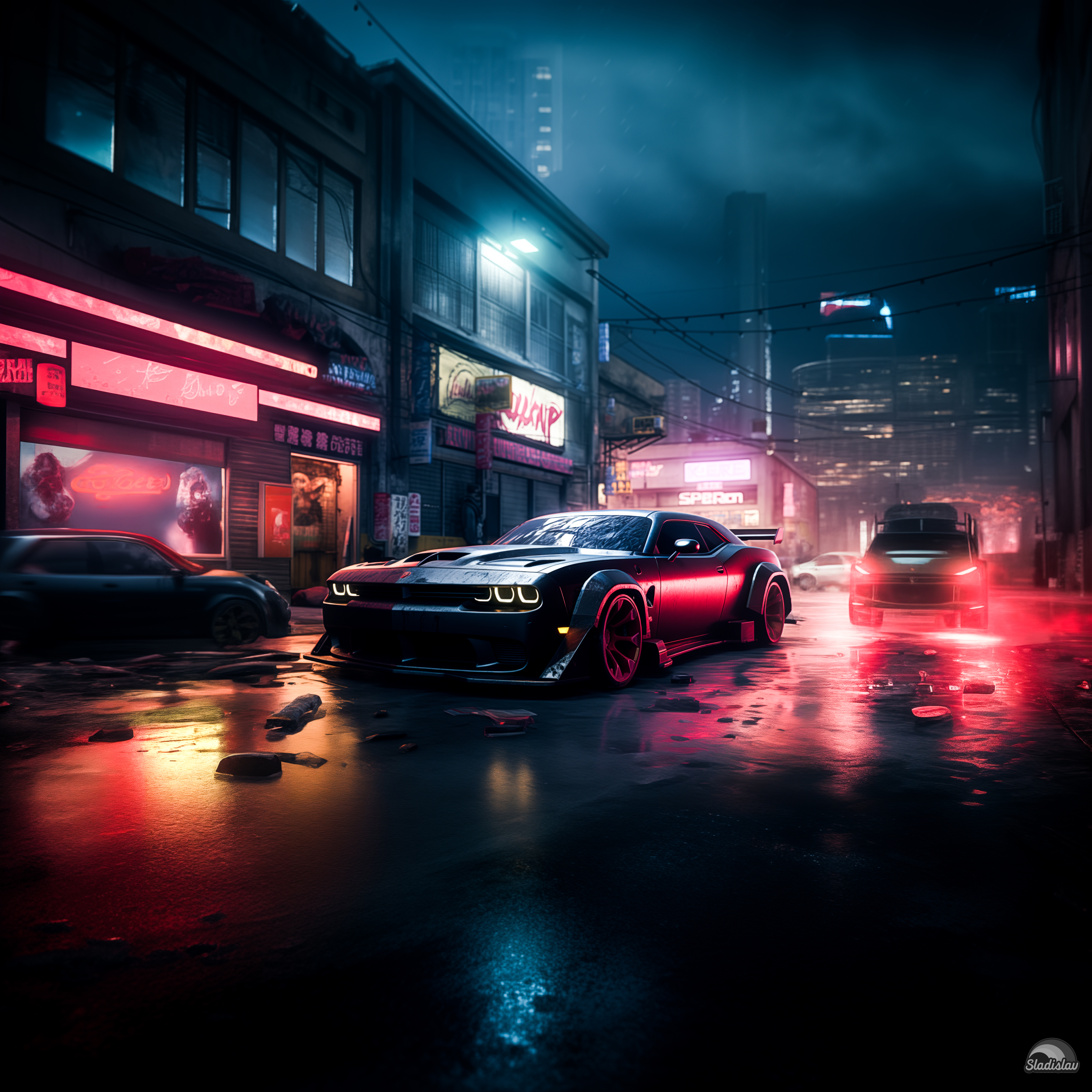 General 4096x4096 AI art Dodge Challenger cyberpunk vehicle frontal view headlights building night sky city lights watermarked car sign city cables neon wet skyscraper depth of field wet road