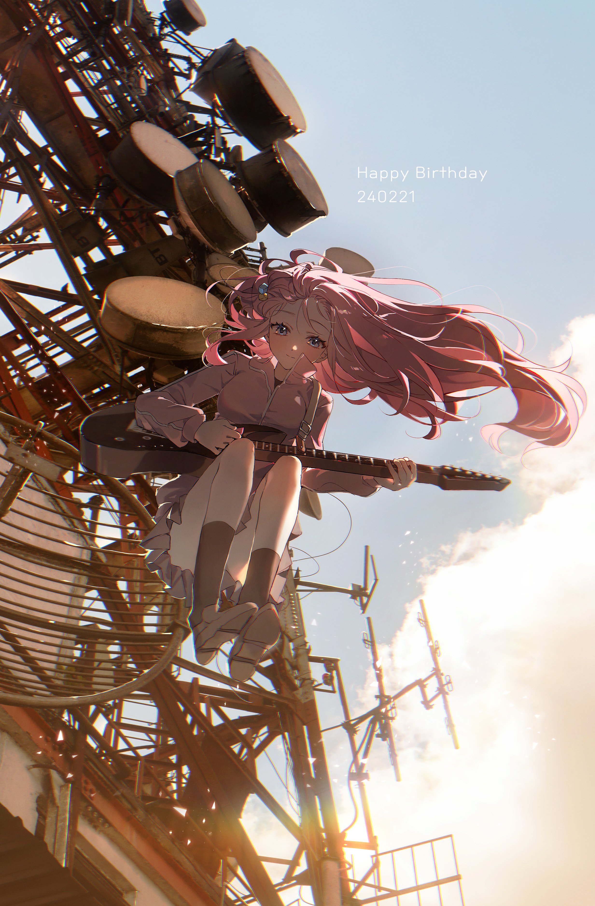 Anime 2465x3750 BOCCHI THE ROCK! guitar anime musical instrument Gotou Hitori long hair hair blowing in the wind sky looking at viewer portrait display sitting birthday pong__o0 pink hair blue eyes closed mouth socks black socks  shoe sole pink jacket long sleeves sunlight skirt clouds anime girls smiling bent legs
