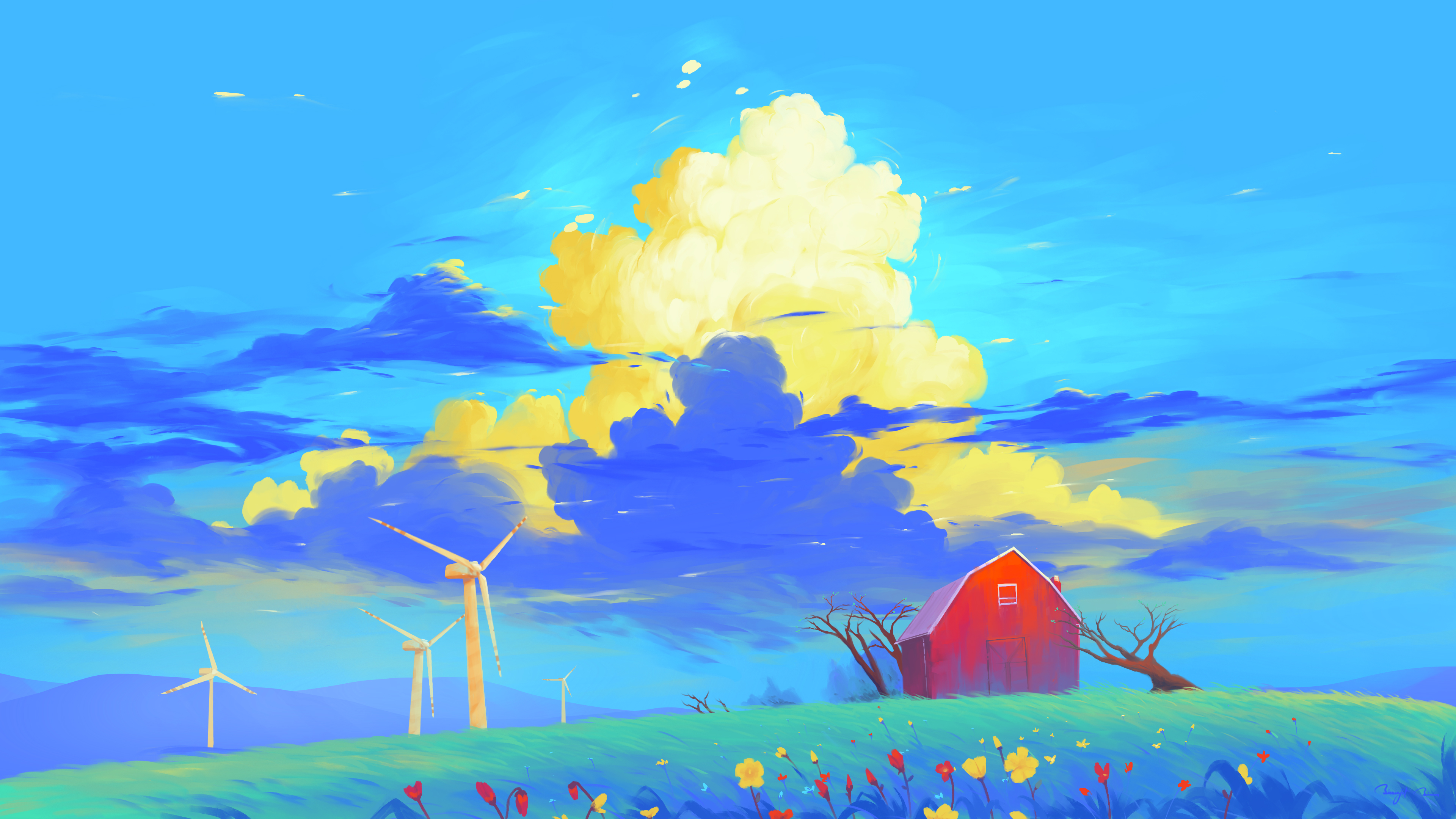 General 3840x2160 BisBiswas digital art artwork illustration landscape nature colorful clouds field trees flowers plants signature wind turbine sky 4K