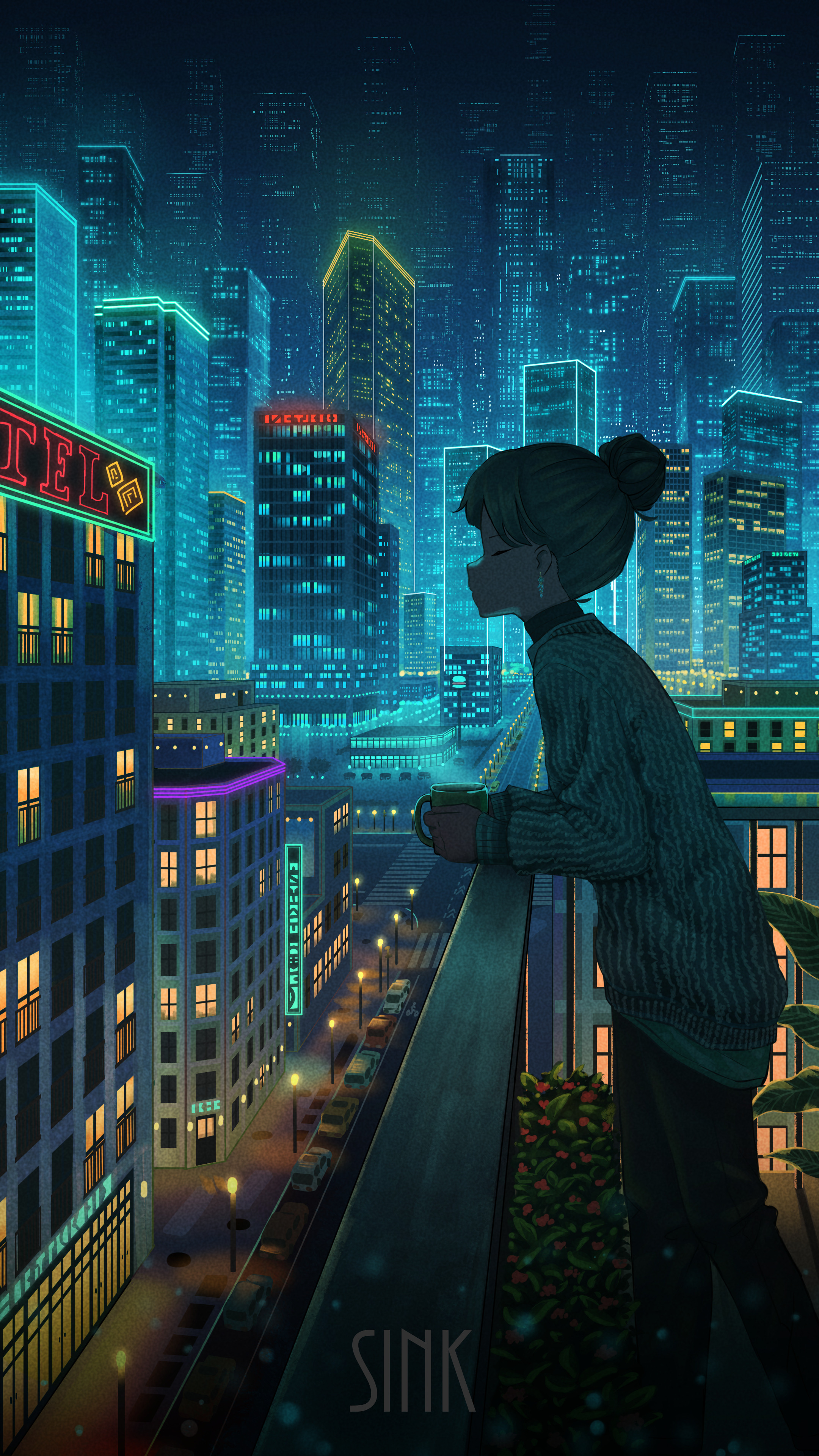 Anime 2160x3840 Pasoputi closed mouth portrait display balcony building long sleeves city lights hairbun sweater plants neon street light profile closed eyes women outdoors cup anime girls side view standing night city sign earring leaves