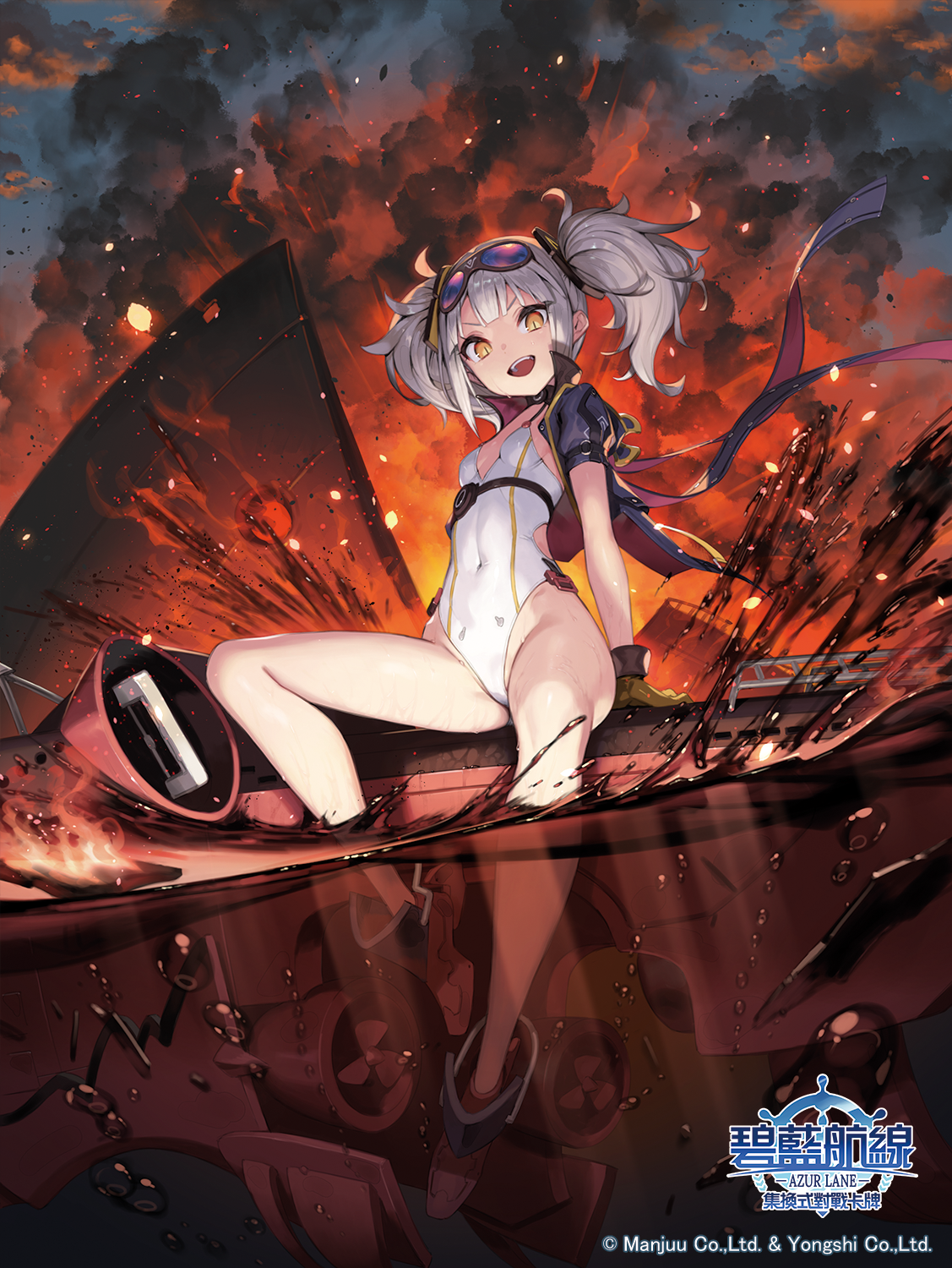 Anime 1127x1500 Azur Lane portrait display U-96 (Azur Lane) goggles twintails looking at viewer watermarked swimwear one-piece swimsuit sitting Ainezu yellow eyes small boobs open jacket gray hair open mouth white swimsuit smiling bubbles water drops fire women outdoors