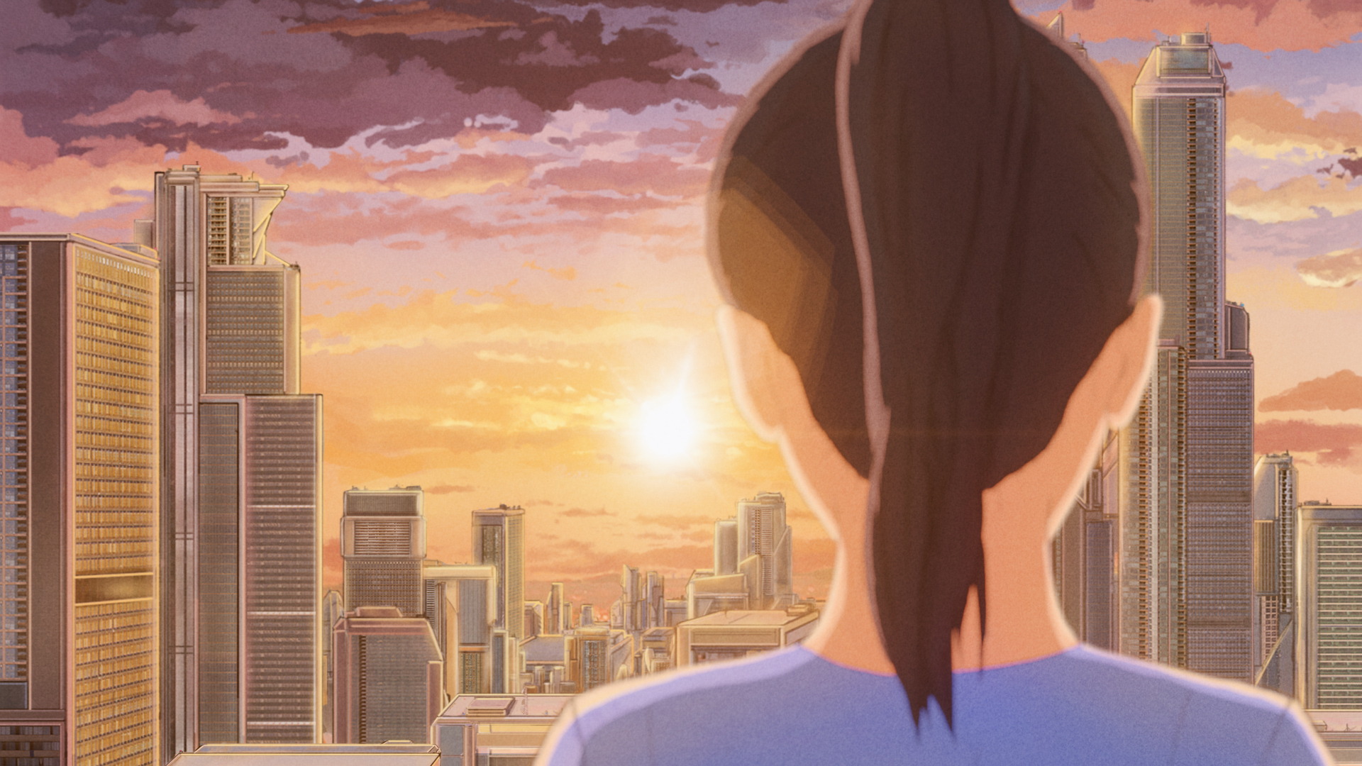 Anime 1920x1080 outdoors digital art anime city city sunset glow clouds sky anime building cityscape anime girls sunset rooftops back focus ponytail