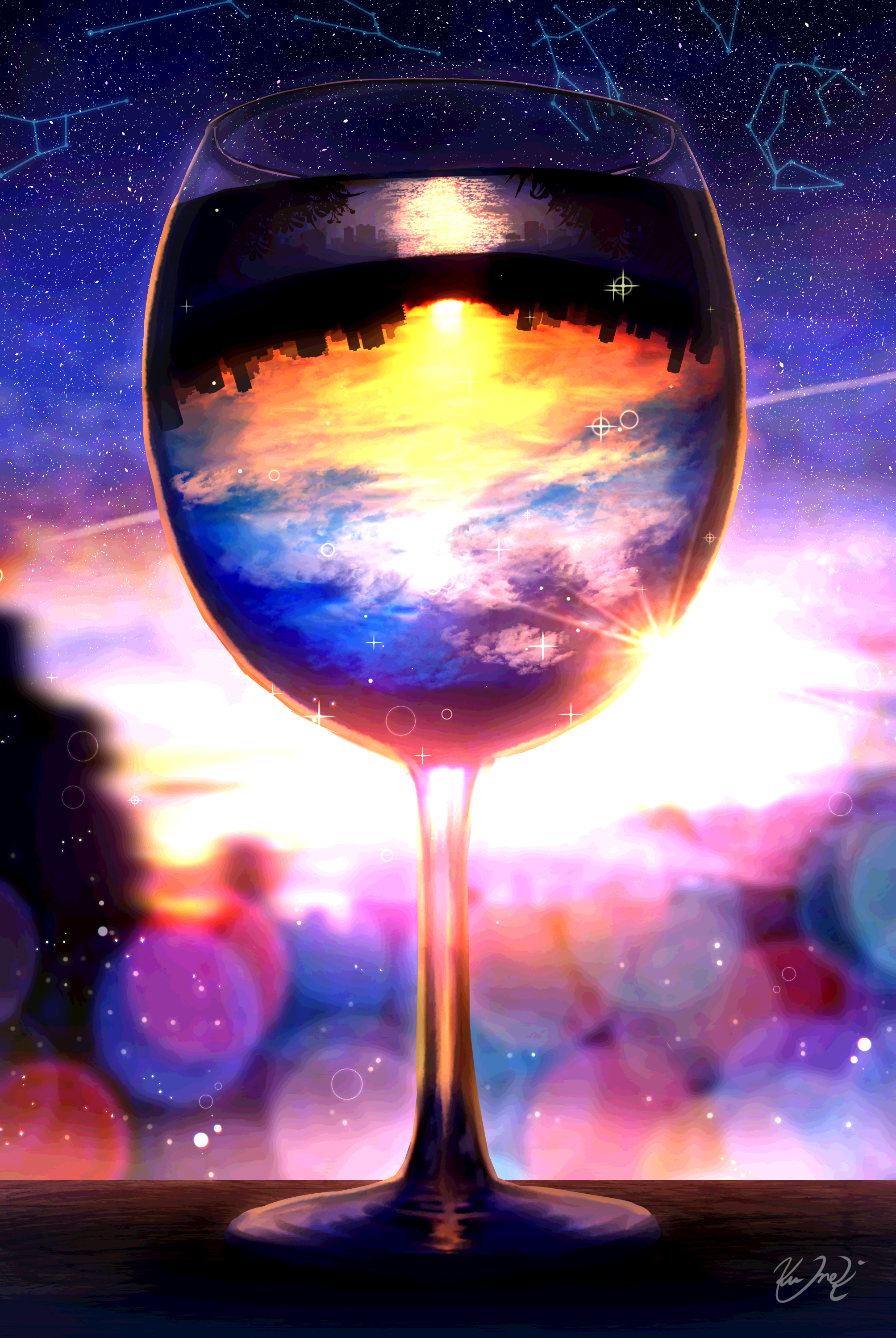Anime 2007x2995 wine glass constellations cityscape gradient blurry background sky starred sky starry night signature floating particles sparkles depth of field lens flare sunlight Kumeki reflection cumulus clouds