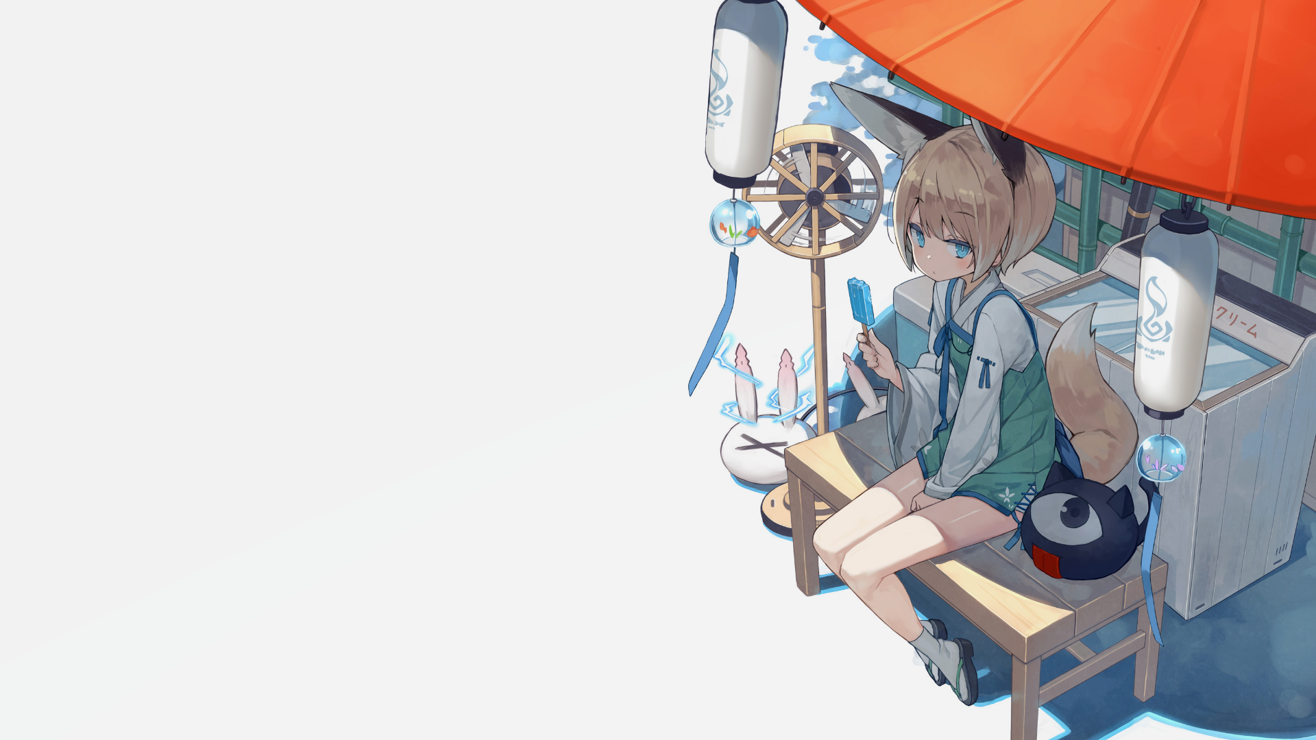 Anime 1920x1080 machine anime girls Poco simple background white background sitting fox girl fox ears food hand(s) between legs fox tail looking at viewer sandals feet socks white socks popsicle long sleeves kimono wind chimes cooler closed mouth short hair wide sleeves blue eyes