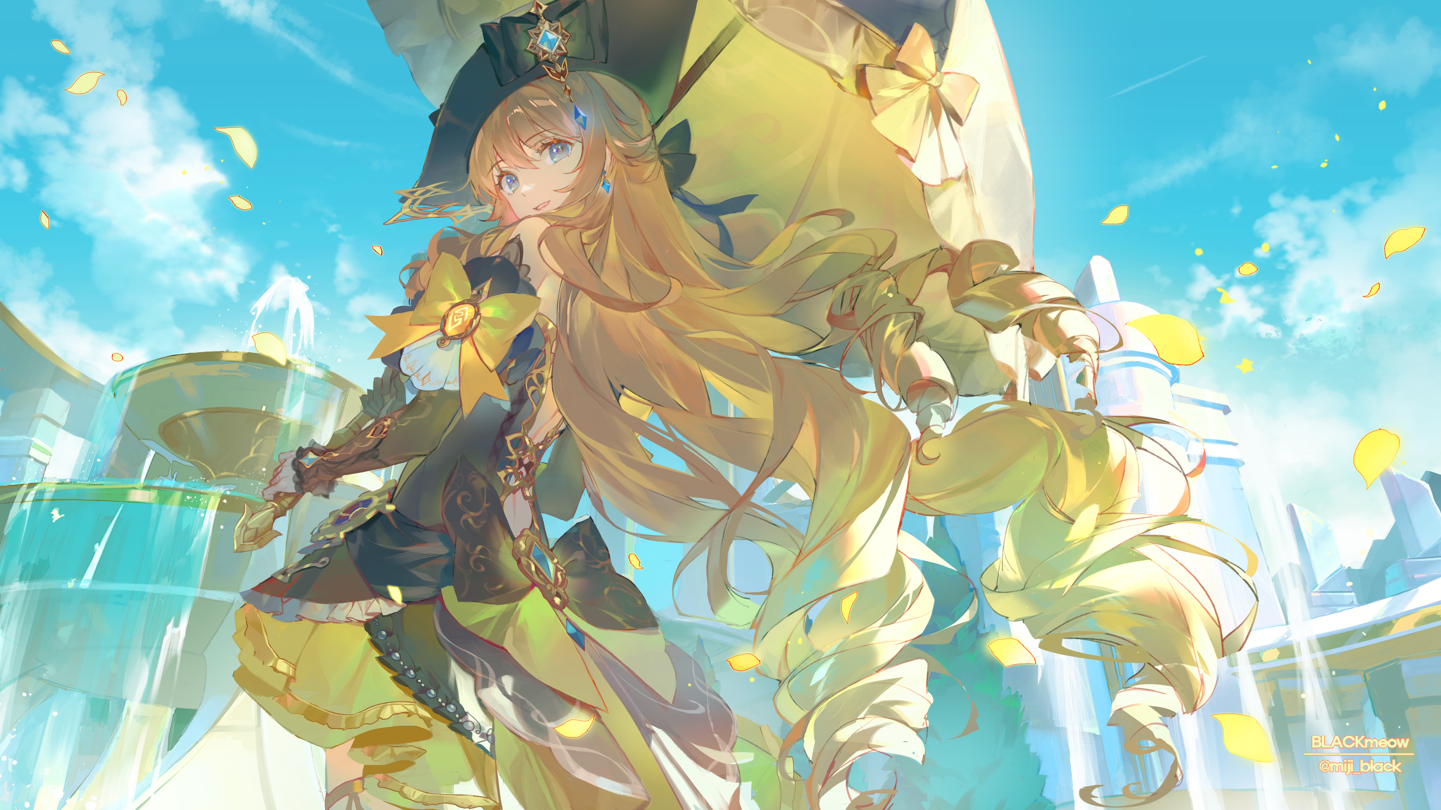 Anime 4800x2700 Genshin Impact BLACKmeow anime anime games anime girls Navia (Genshin Impact) sky looking at viewer long hair hair between eyes blonde blue eyes parted lips umbrella watermarked standing petals water clouds dress hat women with hats fountain earring