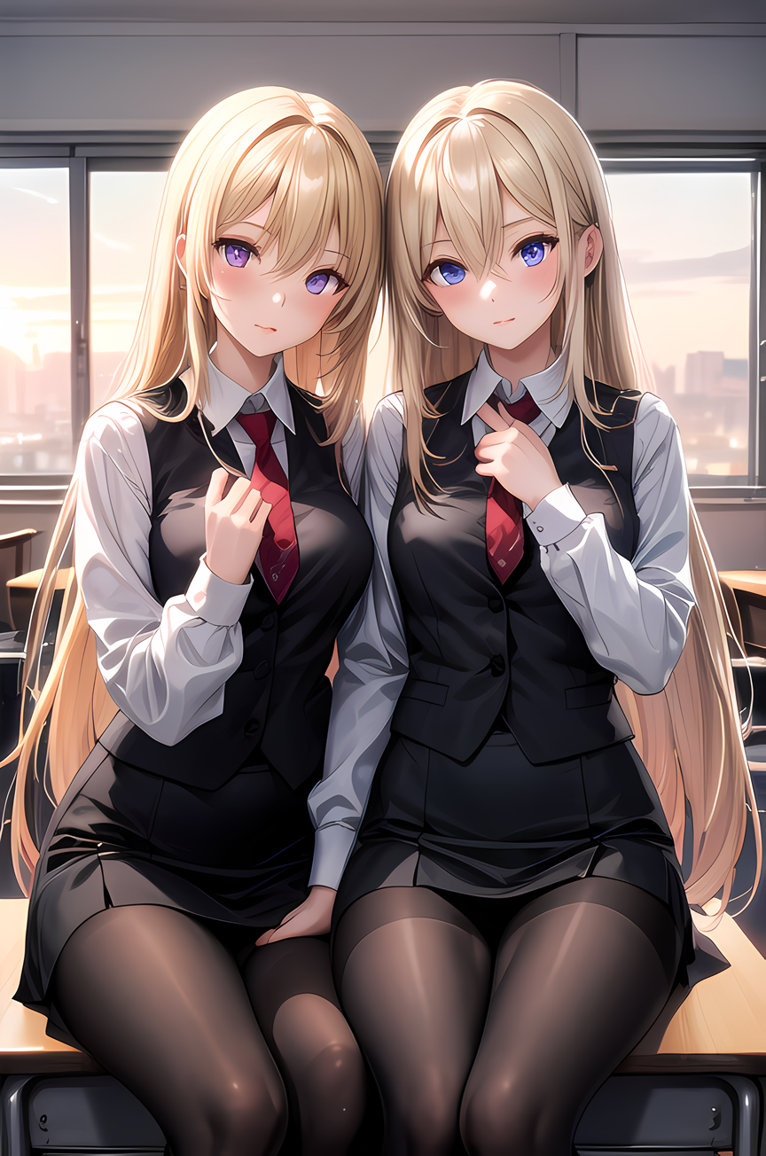 Anime 864x1304 AI art anime anime girls original characters two women twins long hair blonde artwork digital art