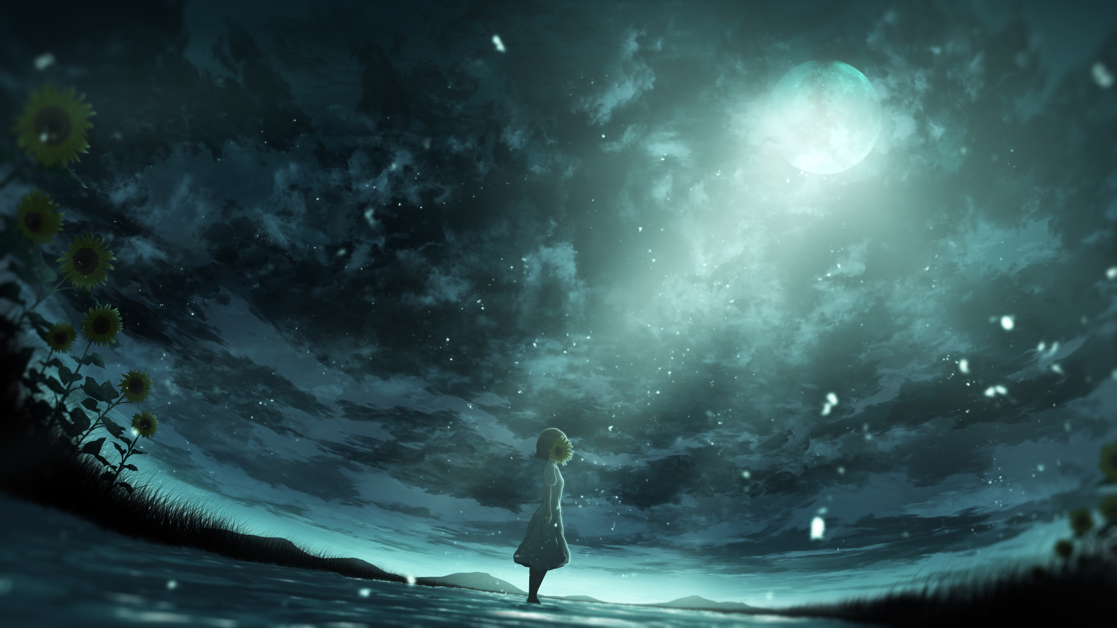 Anime 3840x2160 furi (Artist) artwork Moon full moon moonlight sunflowers digital art low light anime girls standing sky clouds water night natural light