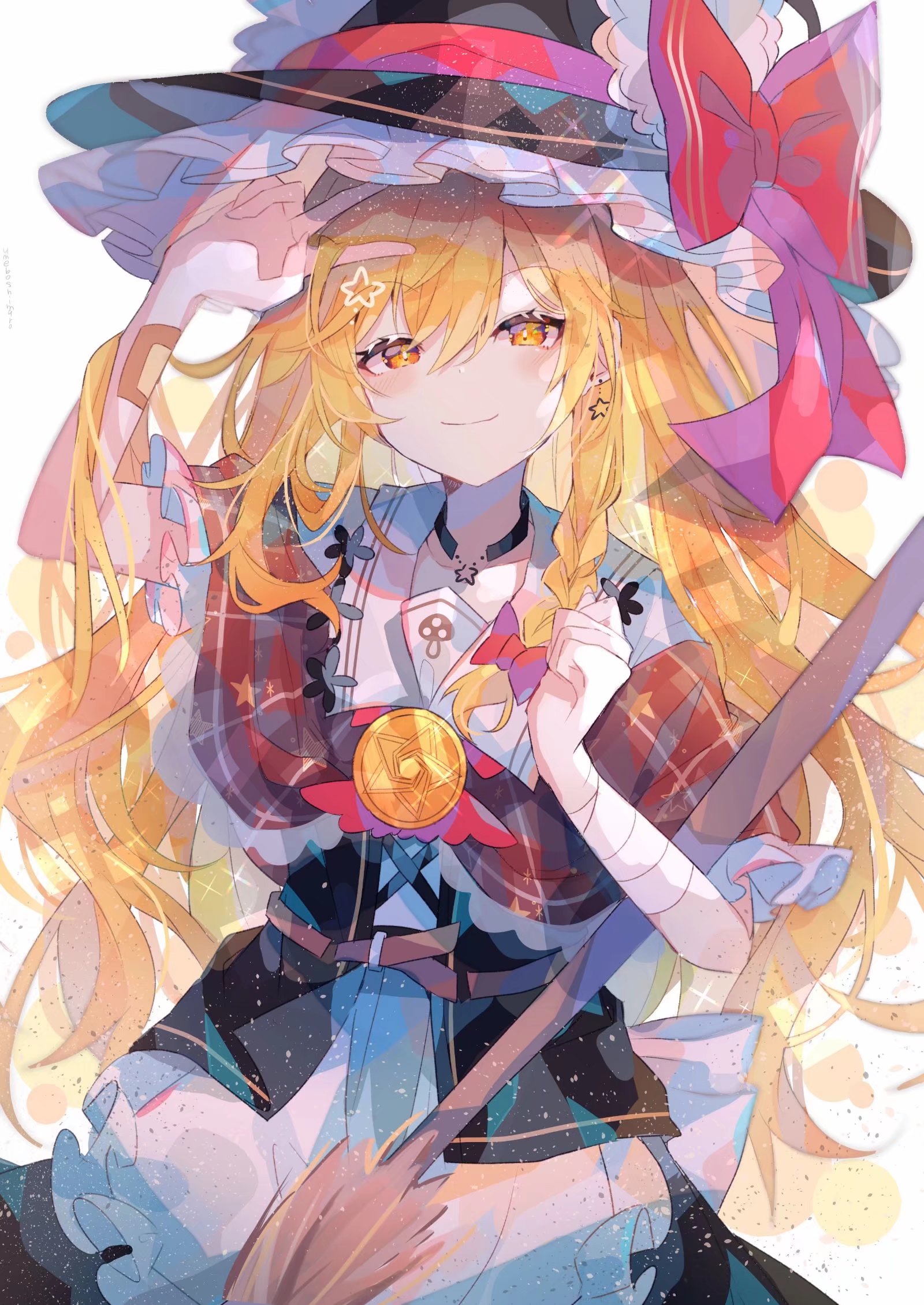 Anime 1600x2259 anime anime girls portrait display smiling blonde yellow eyes witch hat witch hat choker bow tie long hair