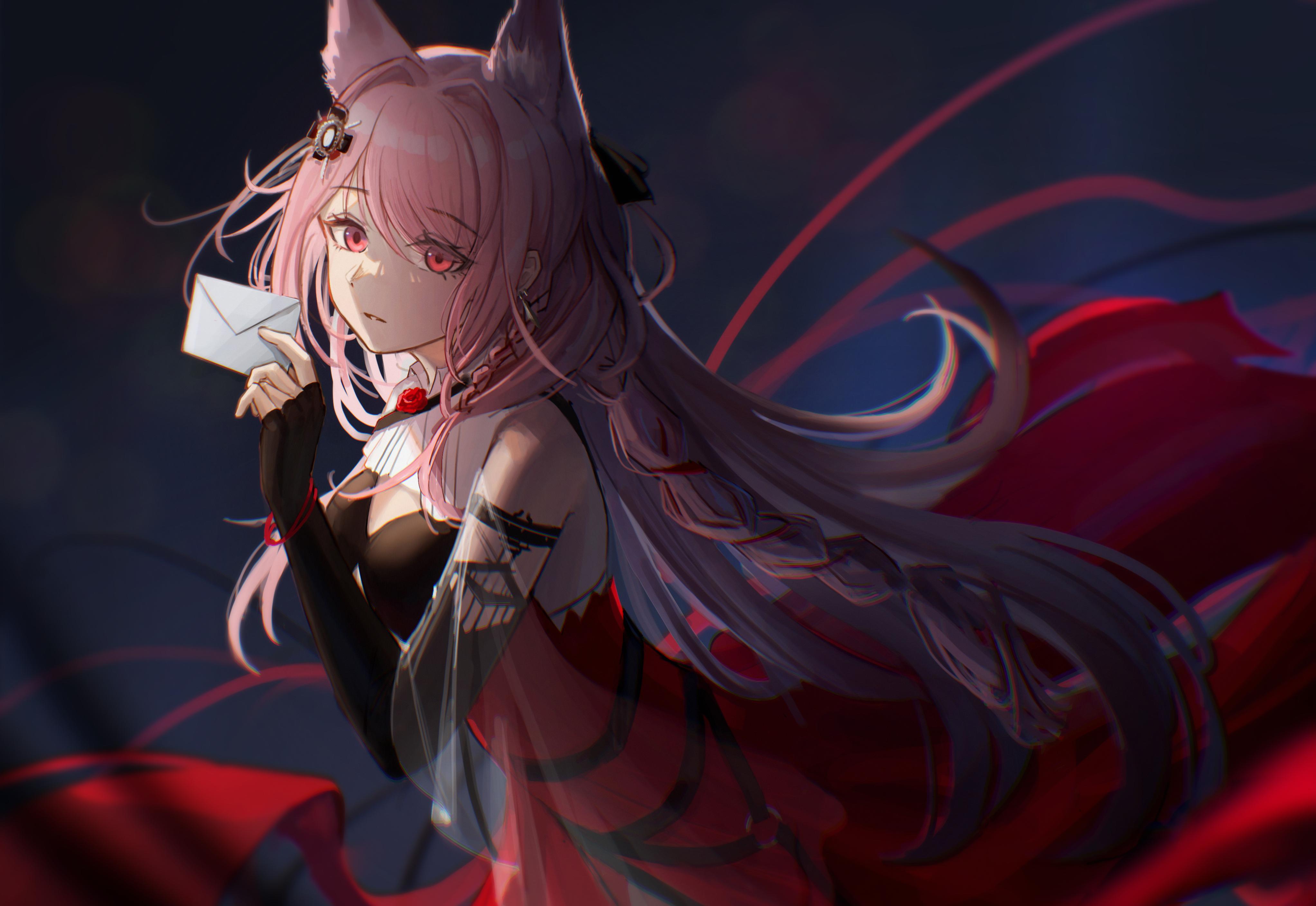 Anime 4089x2817 anime anime girls pink hair pink eyes opera gloves red dress Arknights tararelux letter Pixiv Pozёmka (Arknights)