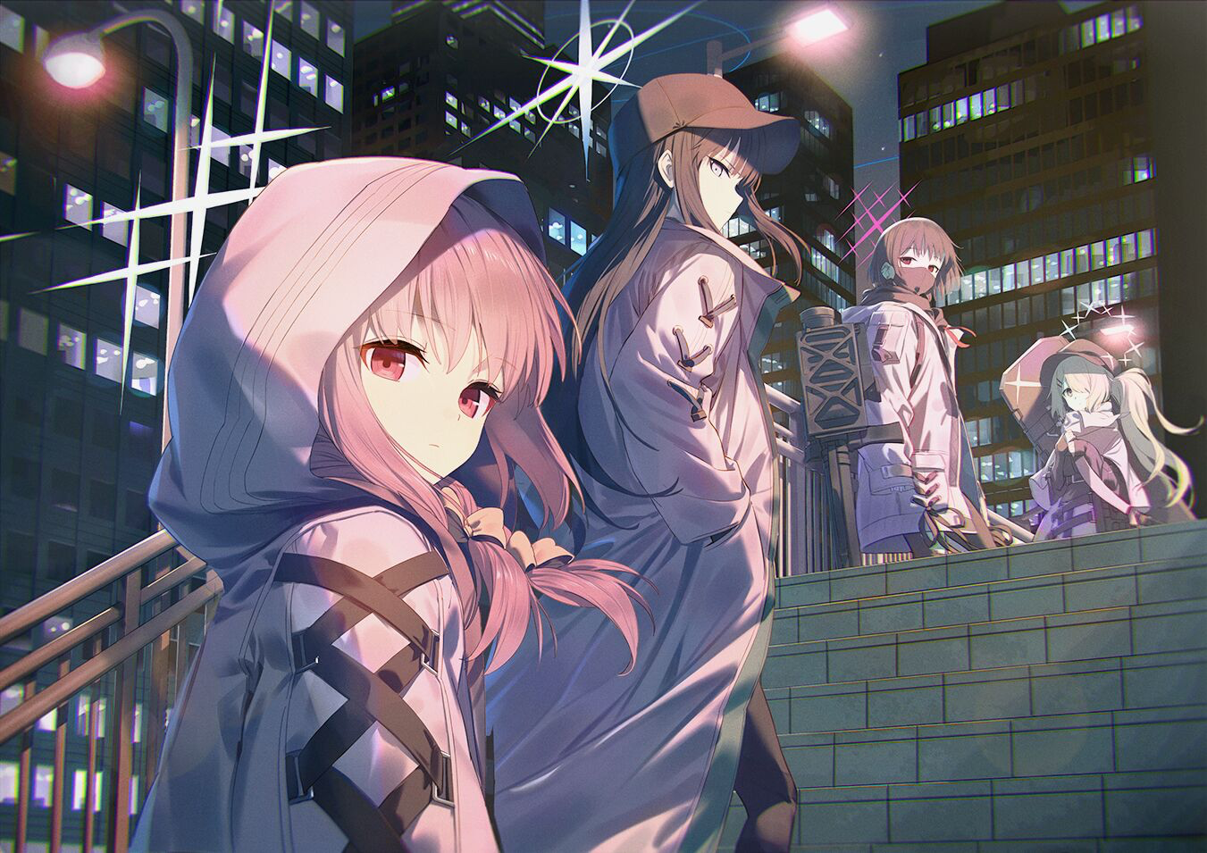 Anime 1351x955 anime anime girls stairs night lights city hat city lights