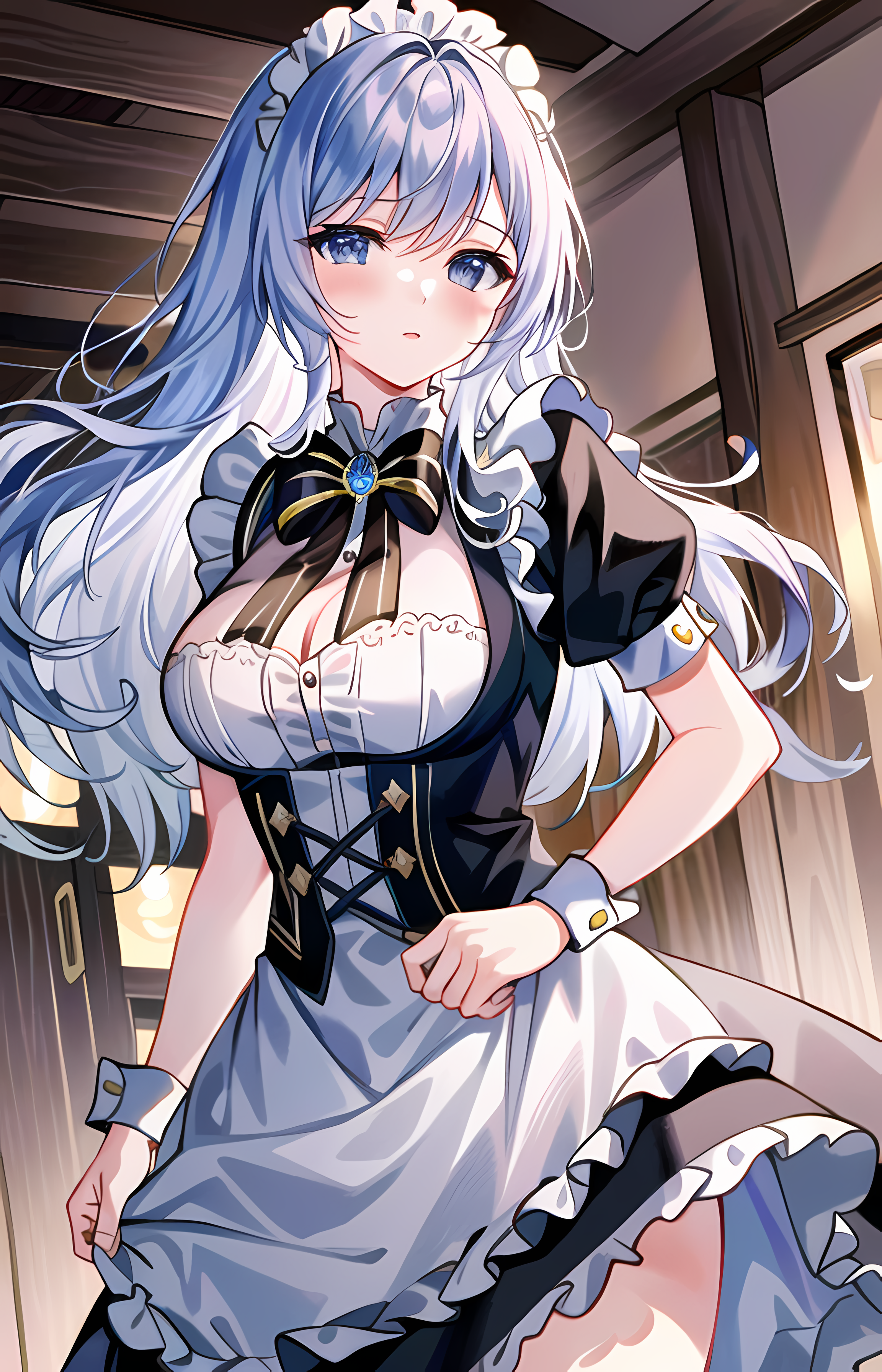 Anime 2304x3584 anime anime girls original characters artwork digital art portrait display maid maid outfit blushing blue hair blue eyes AI art
