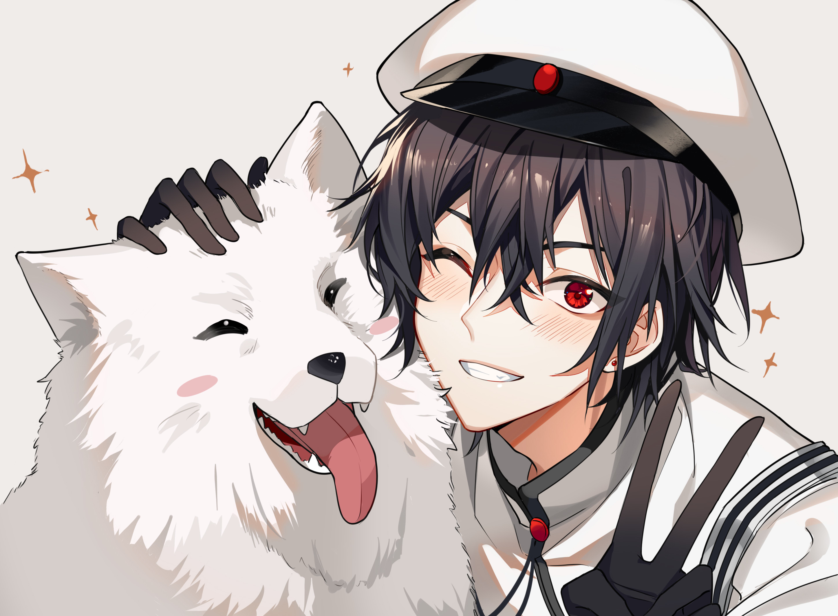 Anime 2894x2126 anime anime boys hat red eyes dog animals black hair gloves uniform peace sign blushing one eye closed tongue out