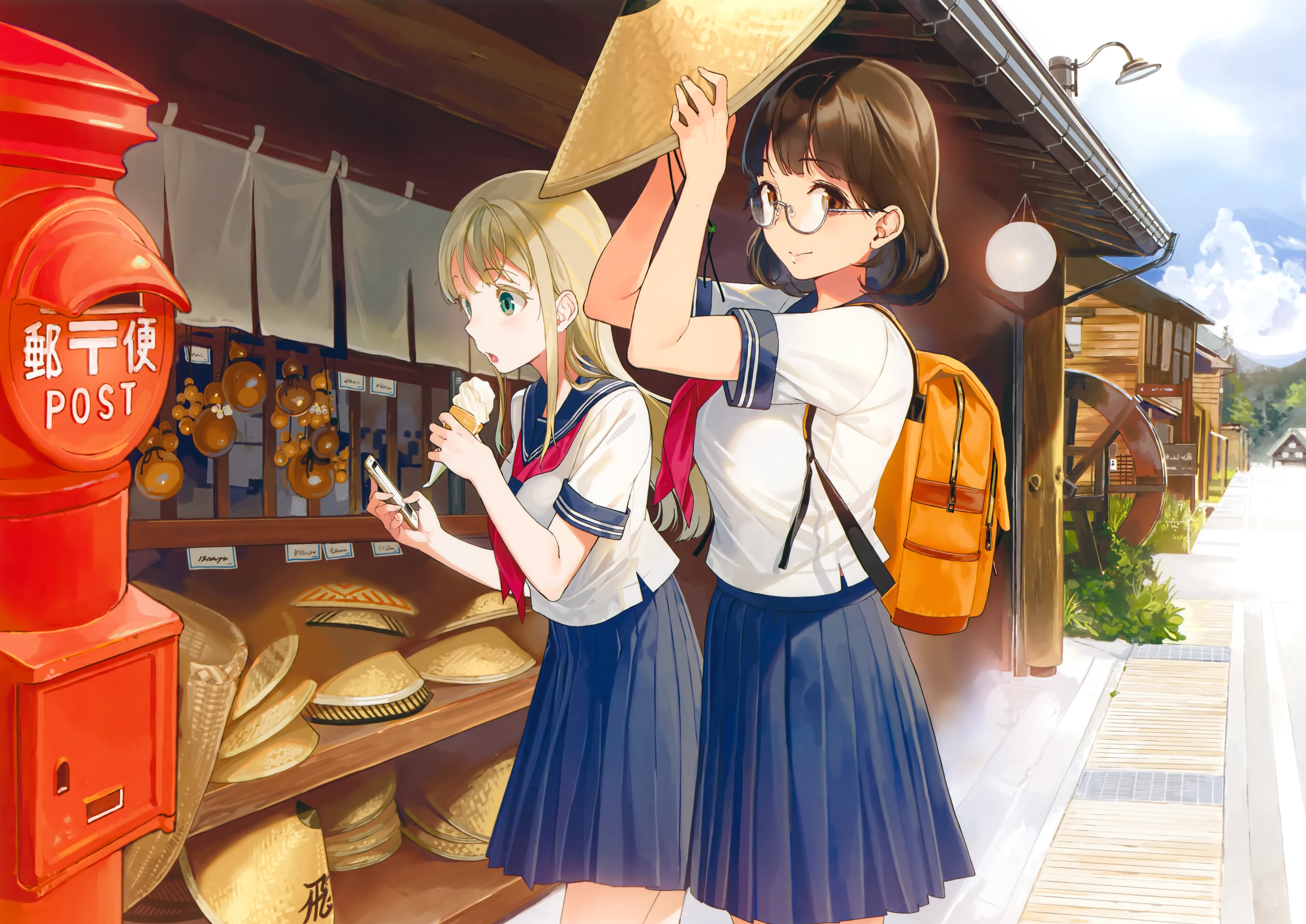 Anime 4000x2831 glasses anime girls schoolgirl school uniform backpacks ice cream