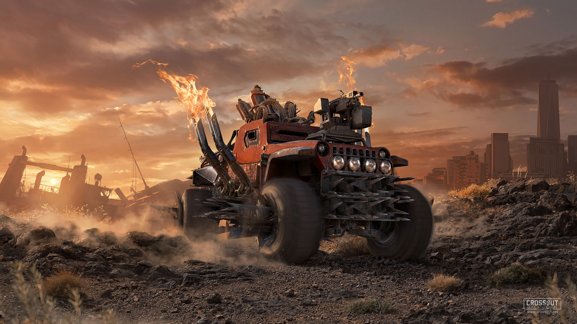 General 1920x1080 crossout video games car vehicle fire sunset glow sunset clouds