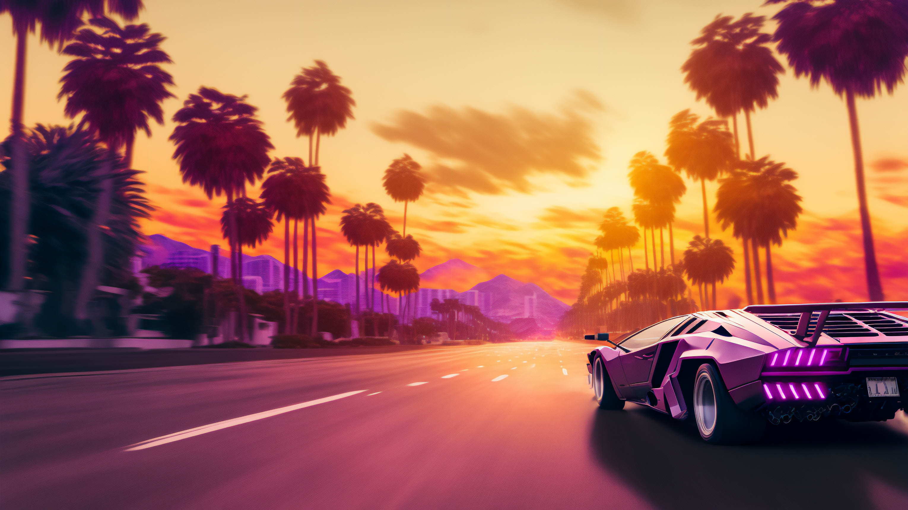 General 3060x1721 AI art sunset sports car Lamborghini synthwave palm trees road driving fantasy architecture sunset glow clouds taillights licence plates