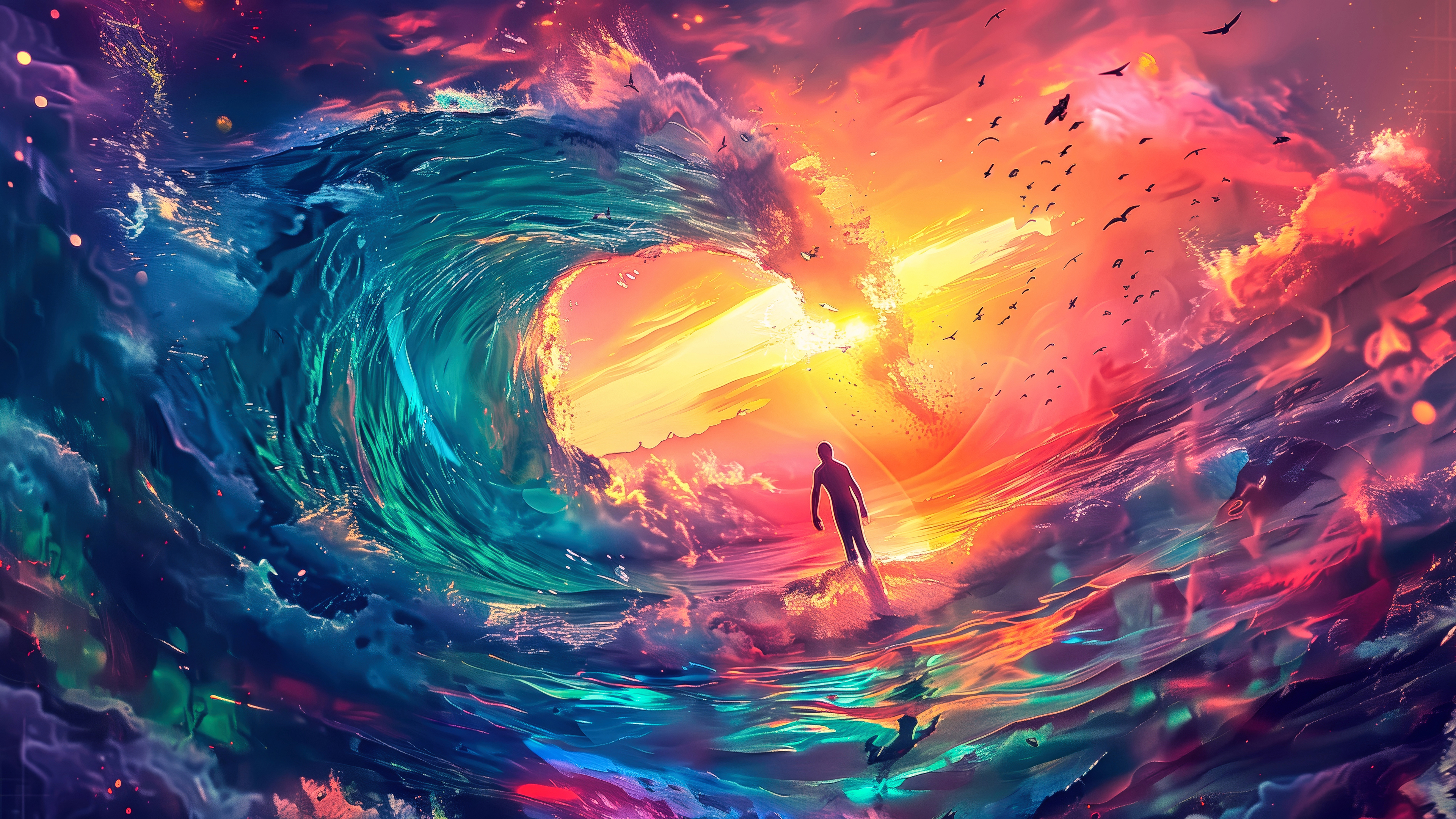General 3840x2160 digital art AI art surfers waves colorful surreal abstract sunset glow natural light water