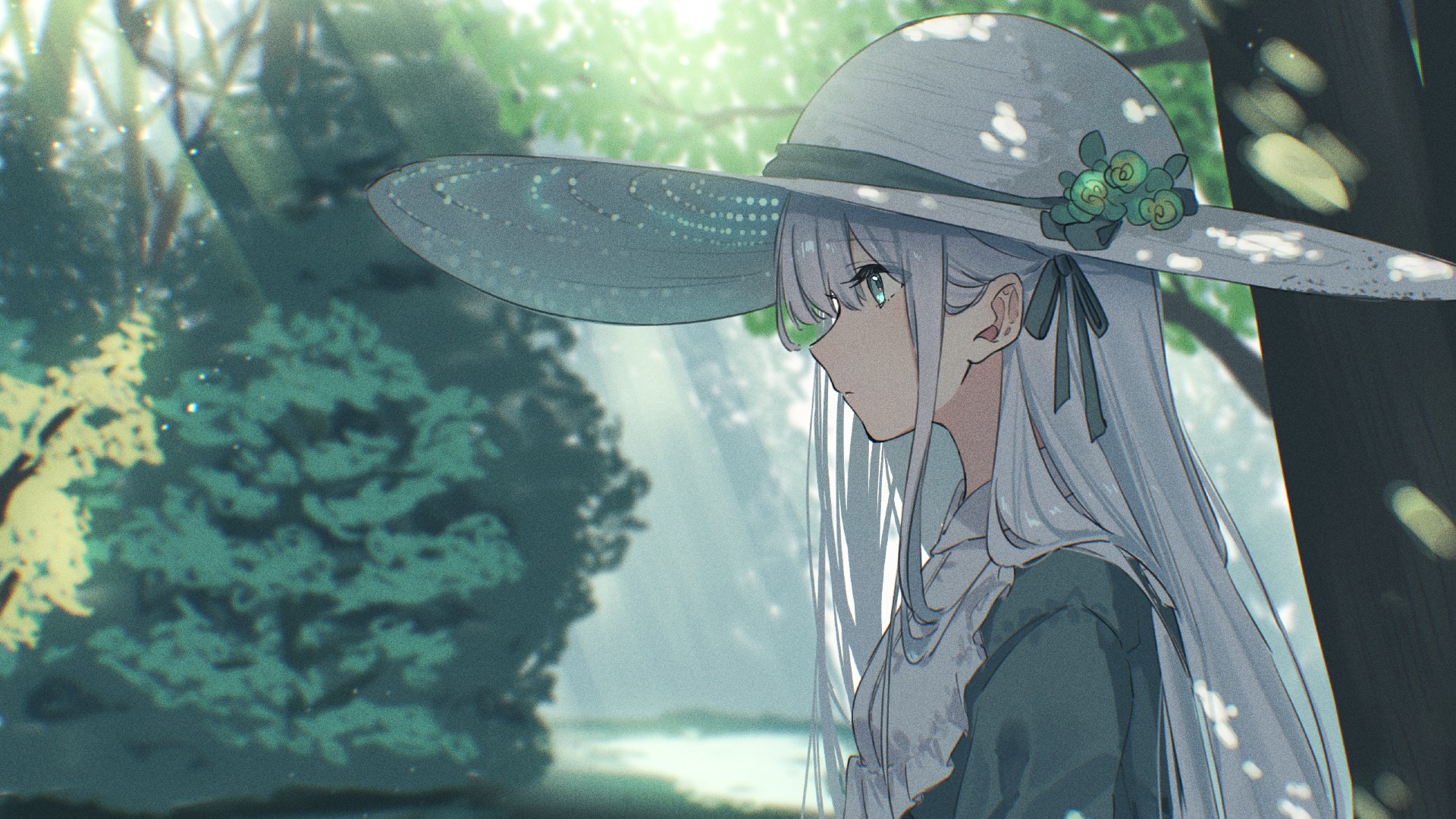 Anime 1920x1080 anime anime girls hat white hair dress outdoors trees water women with hats profile rinzawa women outdoors sunlight long hair closed mouth blue eyes hair ribbon frills grass nature sun hats