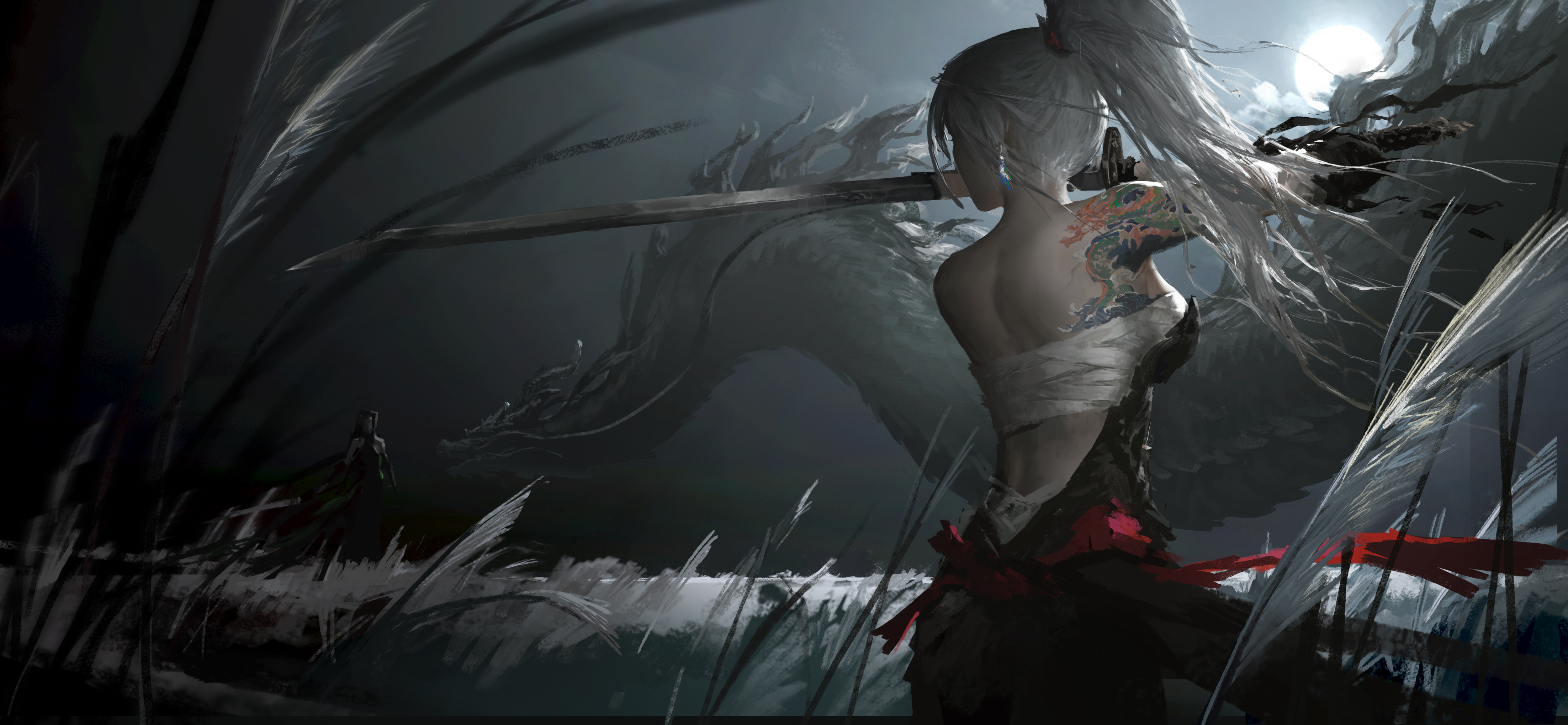 Anime 5000x2313 anime girls sword back women with swords Leo-dont-want-to-be-a-painter fighting stance tattoo sarashi ponytail white hair Chinese dragon sideboob Pixiv dark creature katana earring dragon anime long hair