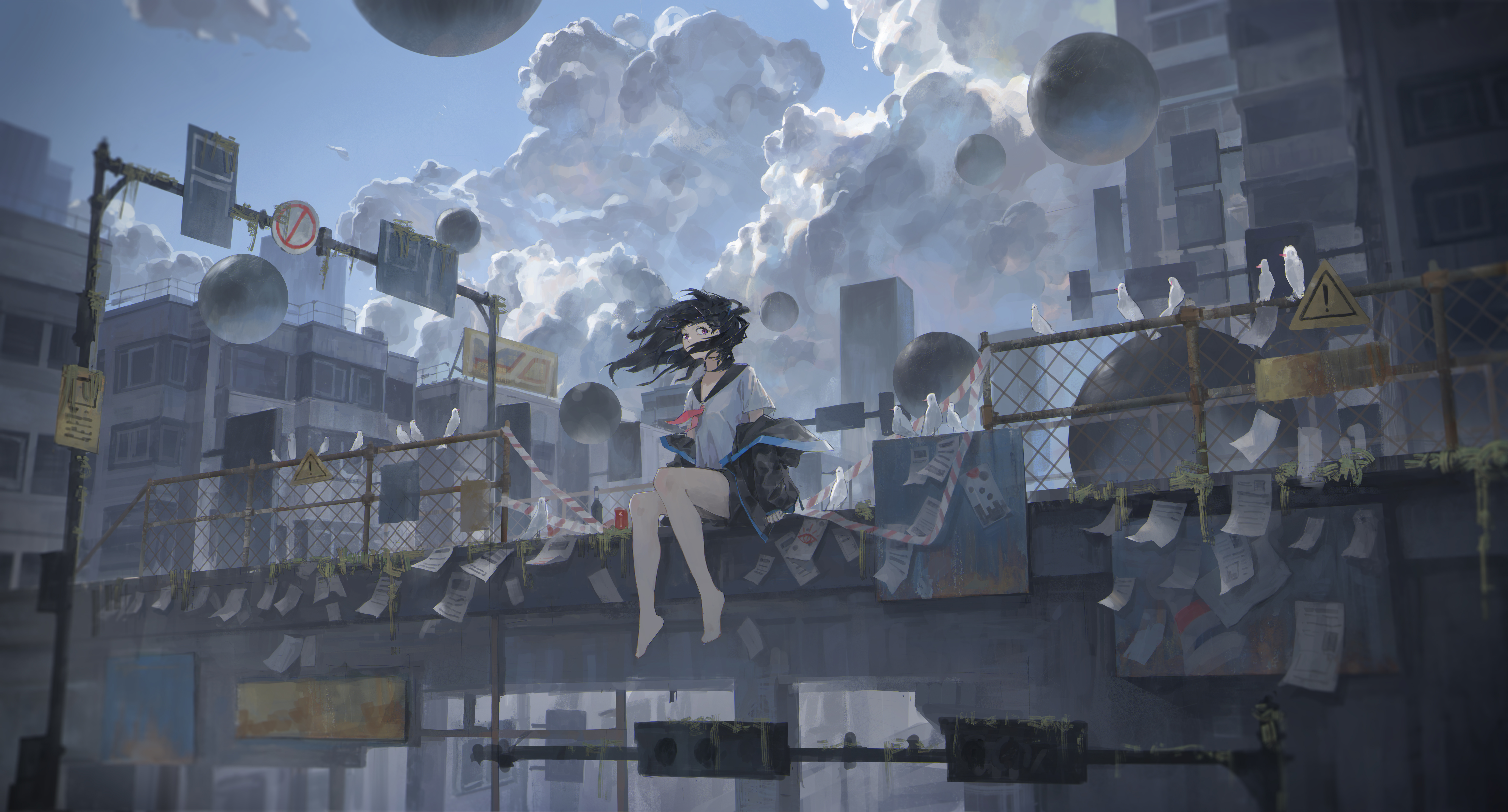 Anime 7000x3771 anime anime girls hair blowing in the wind looking at viewer sky city school uniform Rotarran schoolgirl clouds wind sitting barefoot short sleeves neckerchief black hair signs exclamation mark fence paper birds purple eyes bent legs pointed toes building