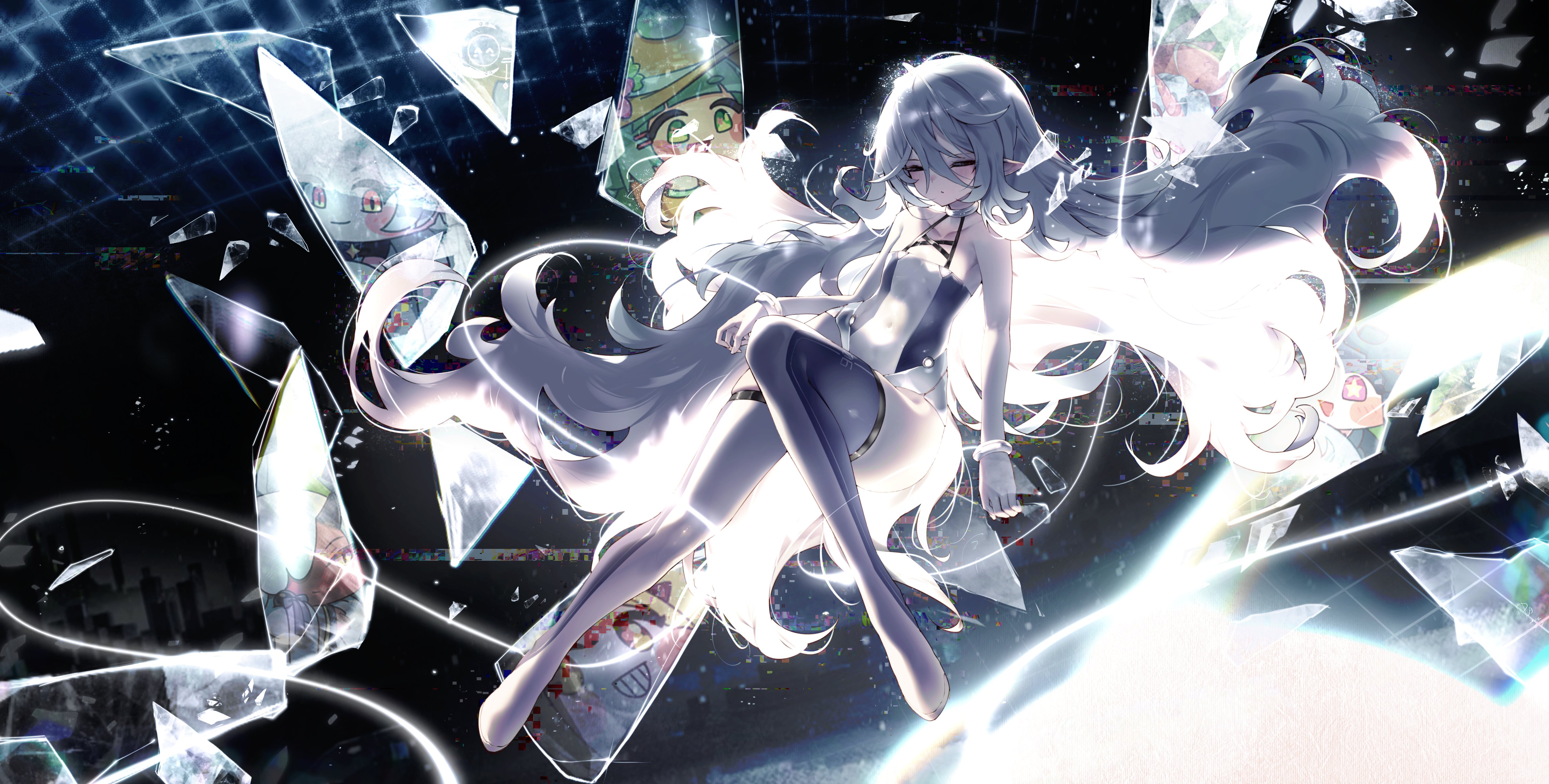 Anime 5716x2894 anime anime girls Pixiv closed eyes pointy ears broken glass hair between eyes long hair pparus closed mouth Trickcal thigh-highs collarbone glass silver hair leotard choker bright legs