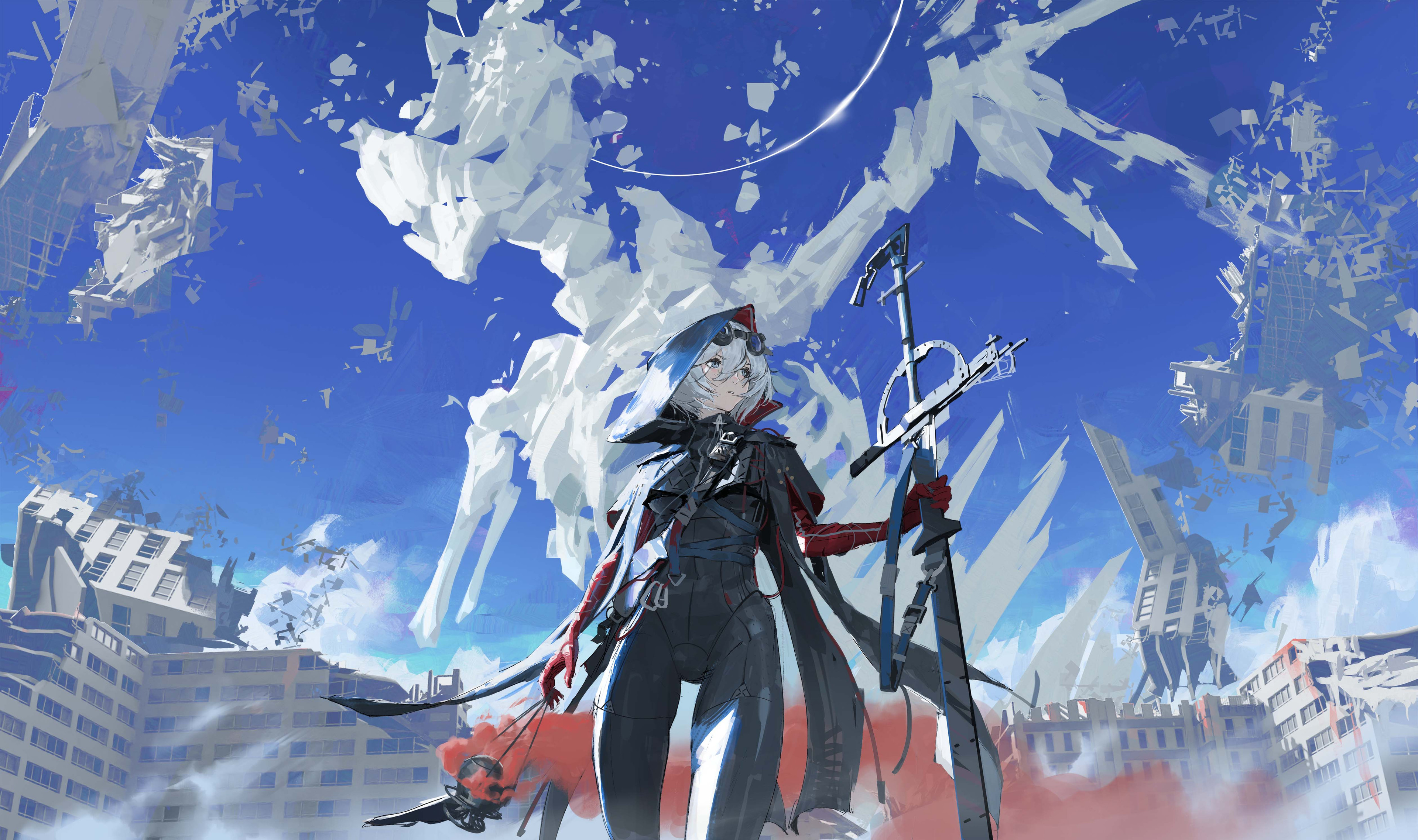 Anime 3840x2276 Jef Wu black bodysuit looking away bodysuit weapon elbow gloves low-angle short hair gray hair standing women outdoors sky red gloves parted lips city ruins clouds
