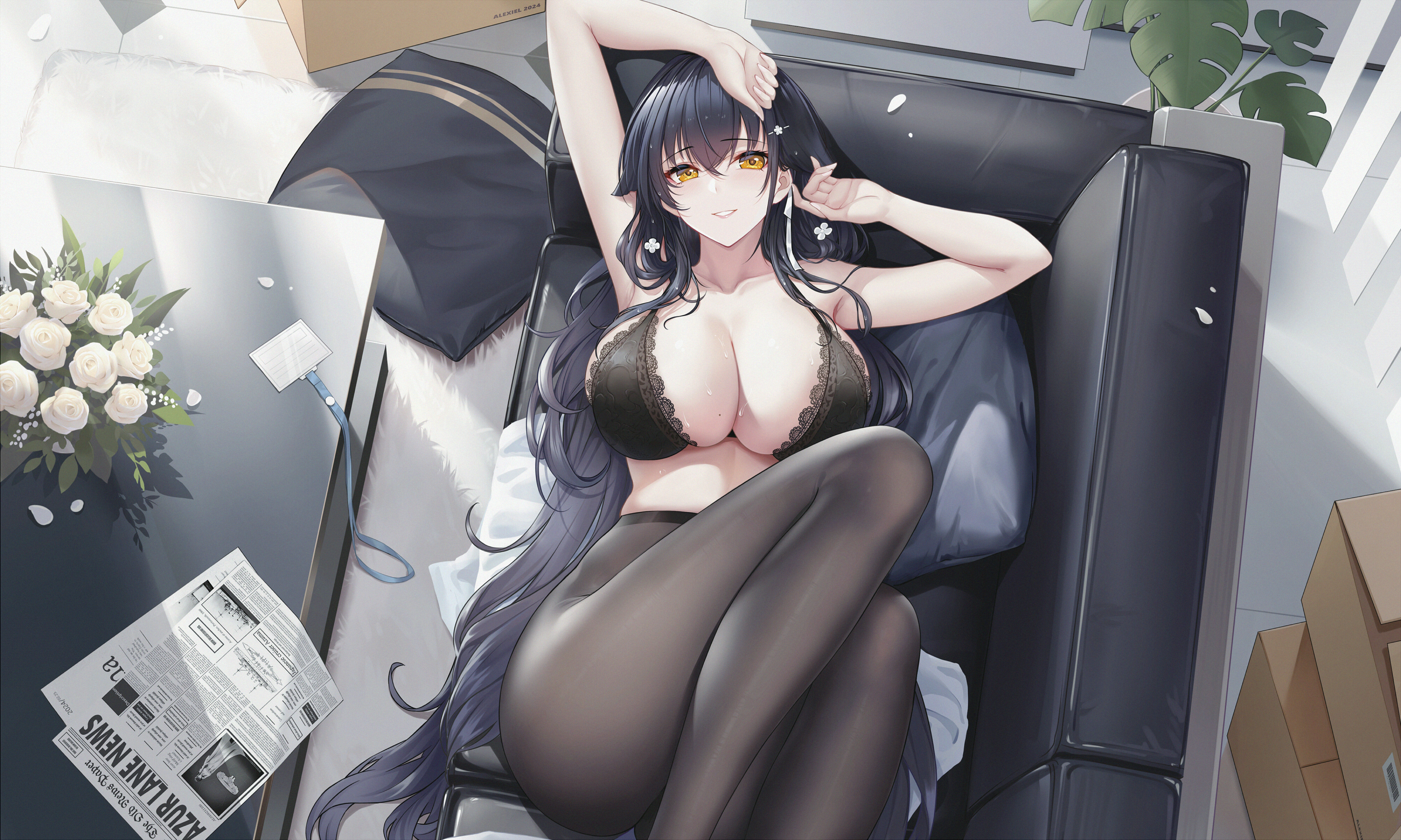 Anime 2800x1680 Azur Lane lying down Azuma (Azur Lane) smiling huge breasts cleavage sweaty body long hair black hair pantyhose black pantyhose sweat top view women indoors pillow lying on couch black bras hair clip yellow eyes dark hair hair ornament couch mole on breast moles white flowers badge Alexiel lying on back newspapers petals black couch rose