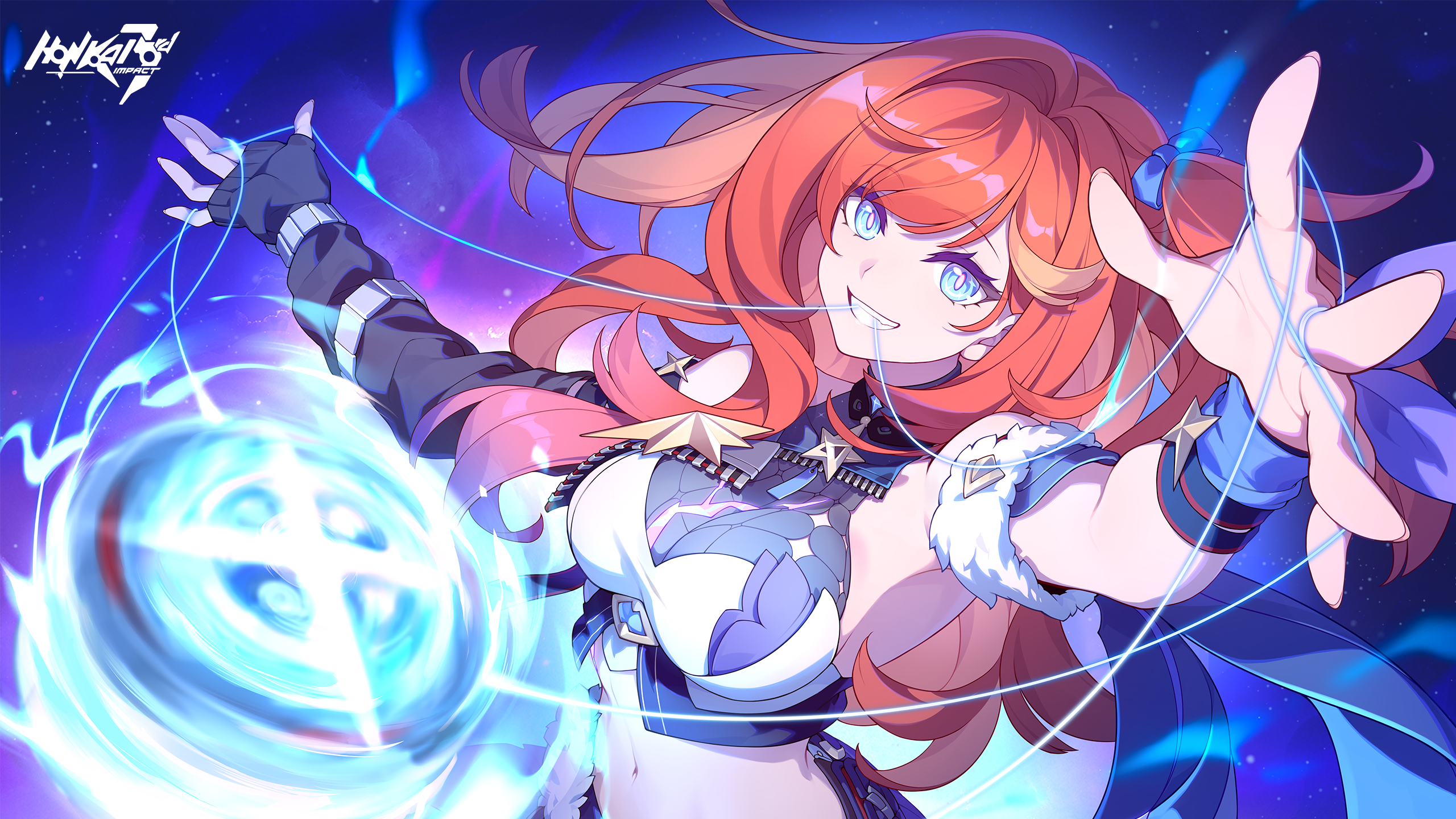 Anime 2560x1440 Honkai Impact Honkai Impact 3rd Senadina (Honkai Impact 3rd) video game characters strings video game girls video game art blue eyes looking at viewer redhead missing glove gloves fingerless gloves smiling bare shoulders long hair video games belly title simple background