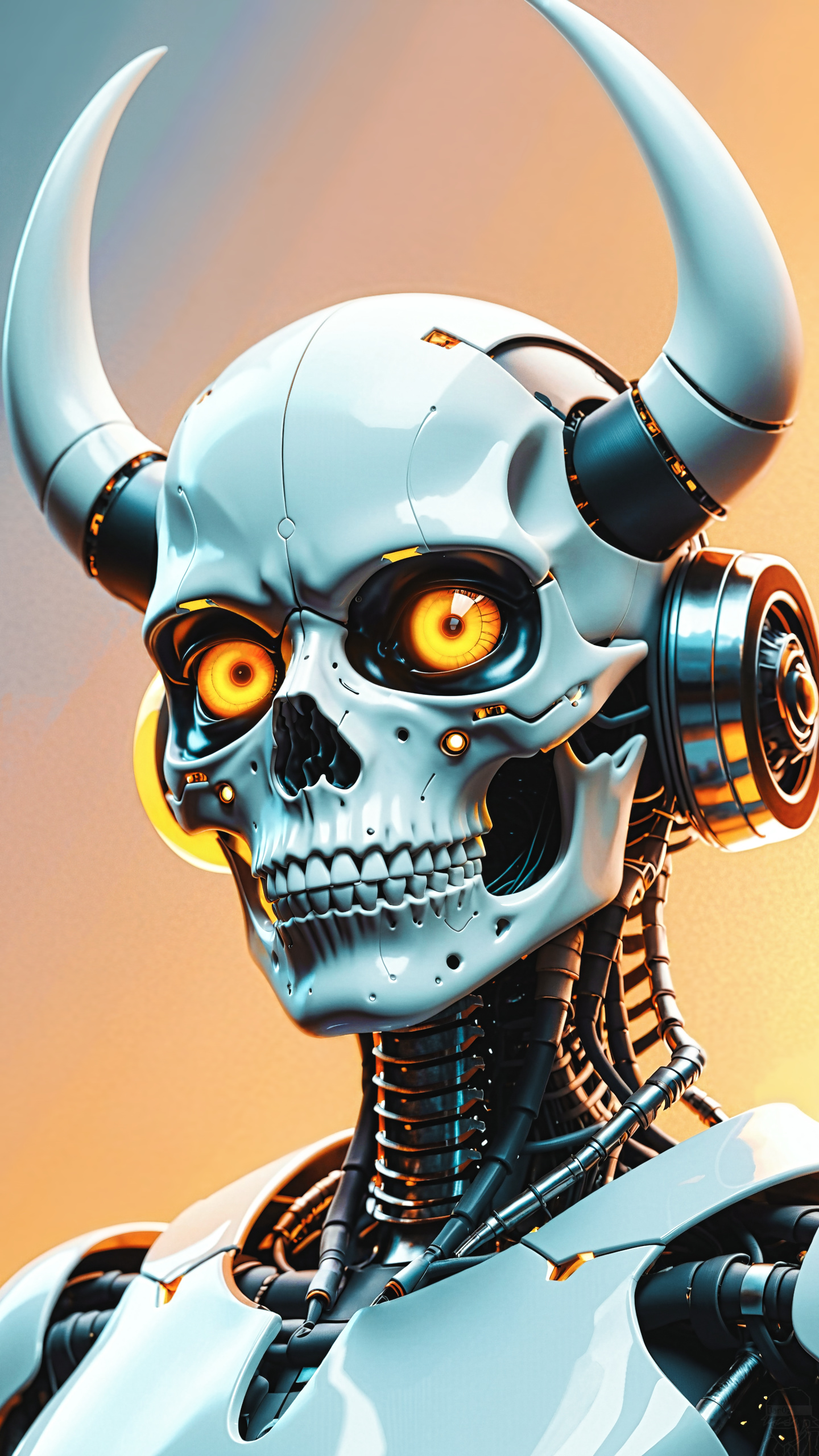 General 1440x2560 AI art dar0z digital art artwork horns metal creature demon robot yellow eyes cables pieces teeth looking at viewer skull