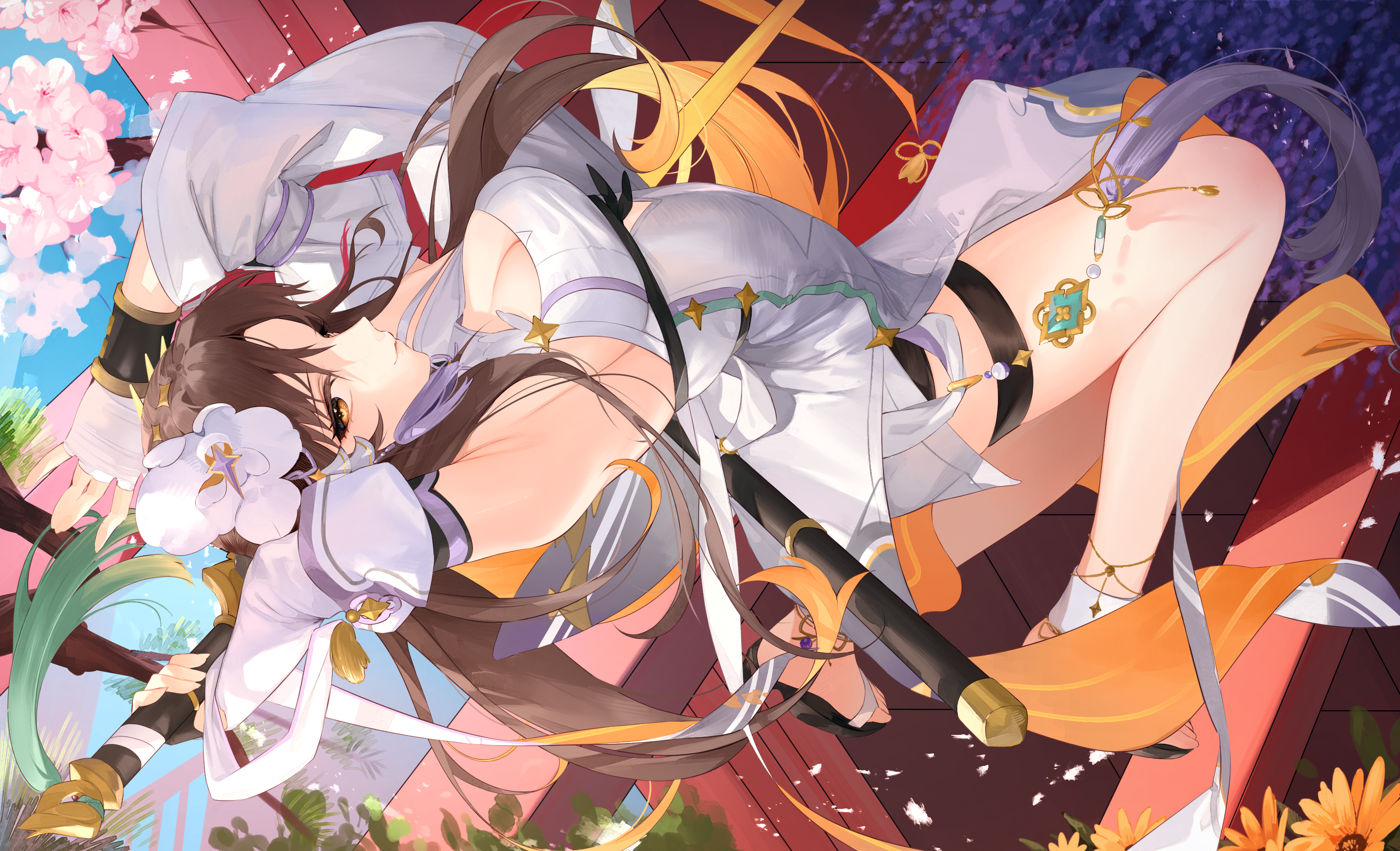 Anime 3160x1920 anime anime girls Pixiv big boobs koyo akio flowers Adin (Epic Seven) leg ring Epic Seven long hair brunette brown eyes closed mouth cleavage sword women with swords looking at viewer petals flower in hair sideboob bent legs sunflowers arms up detached sleeves armpits