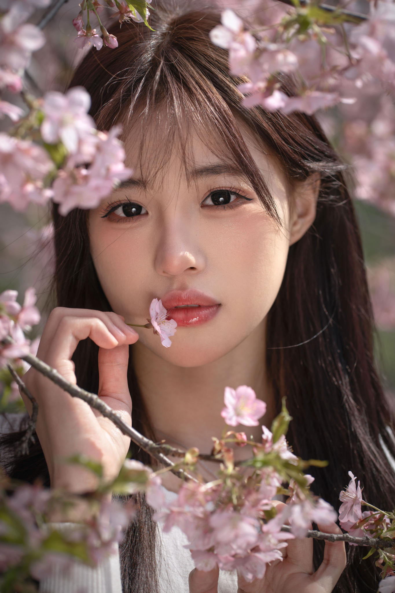 People 1365x2048 Lee Hu women Asian eyeliner portrait pink flowers