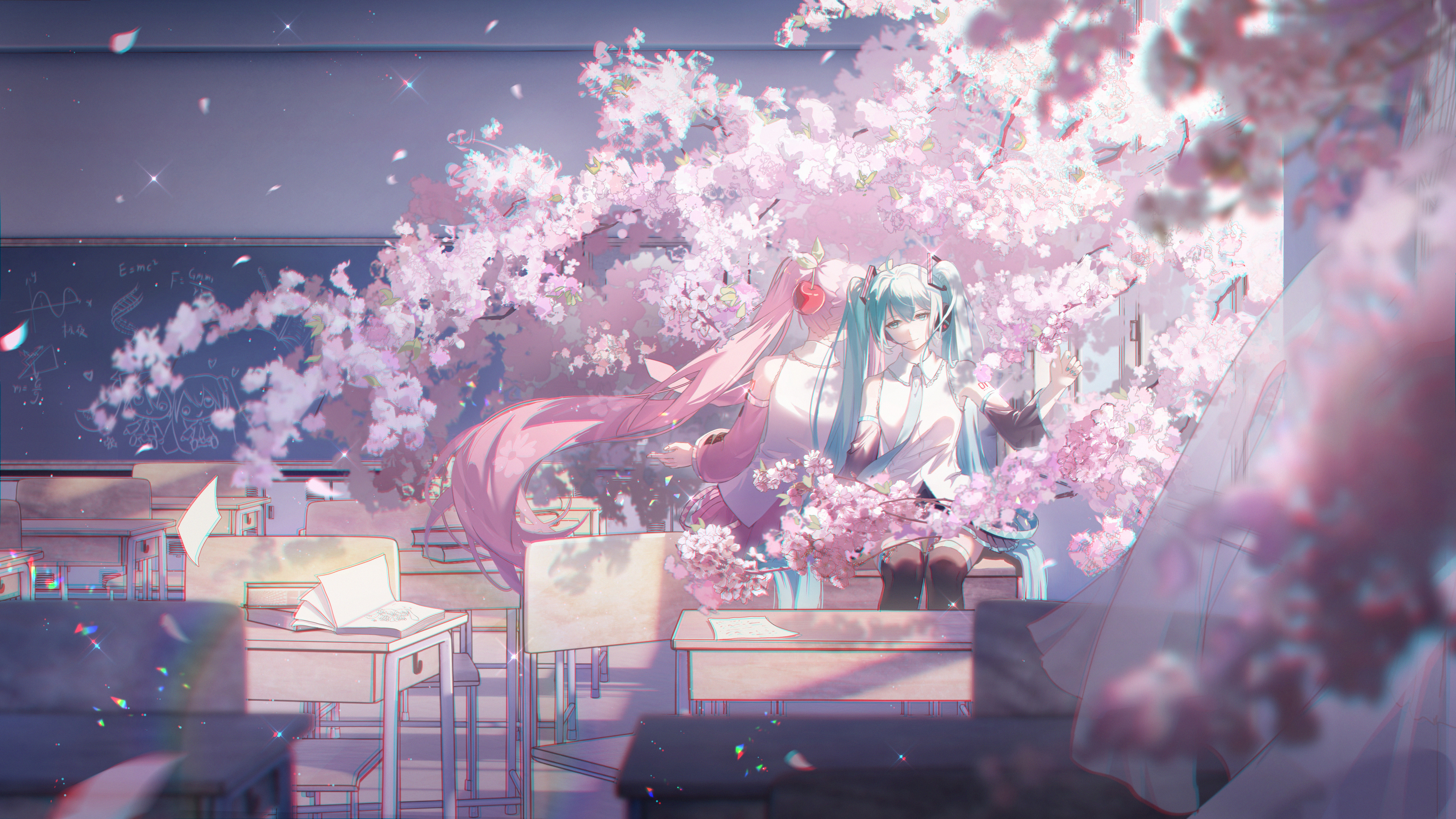 Anime 5425x3052 Hatsune Miku anime anime girls Vocaloid cherry blossom petals classroom twintails ji ye fan sheng sunlight hair between eyes wind looking at viewer long hair detached sleeves desk chalkboard thigh-highs black thigh highs sitting pink hair blue hair blue eyes closed mouth paper curtains skirt necktie bare shoulders blue nails painted nails headphones cherry trees